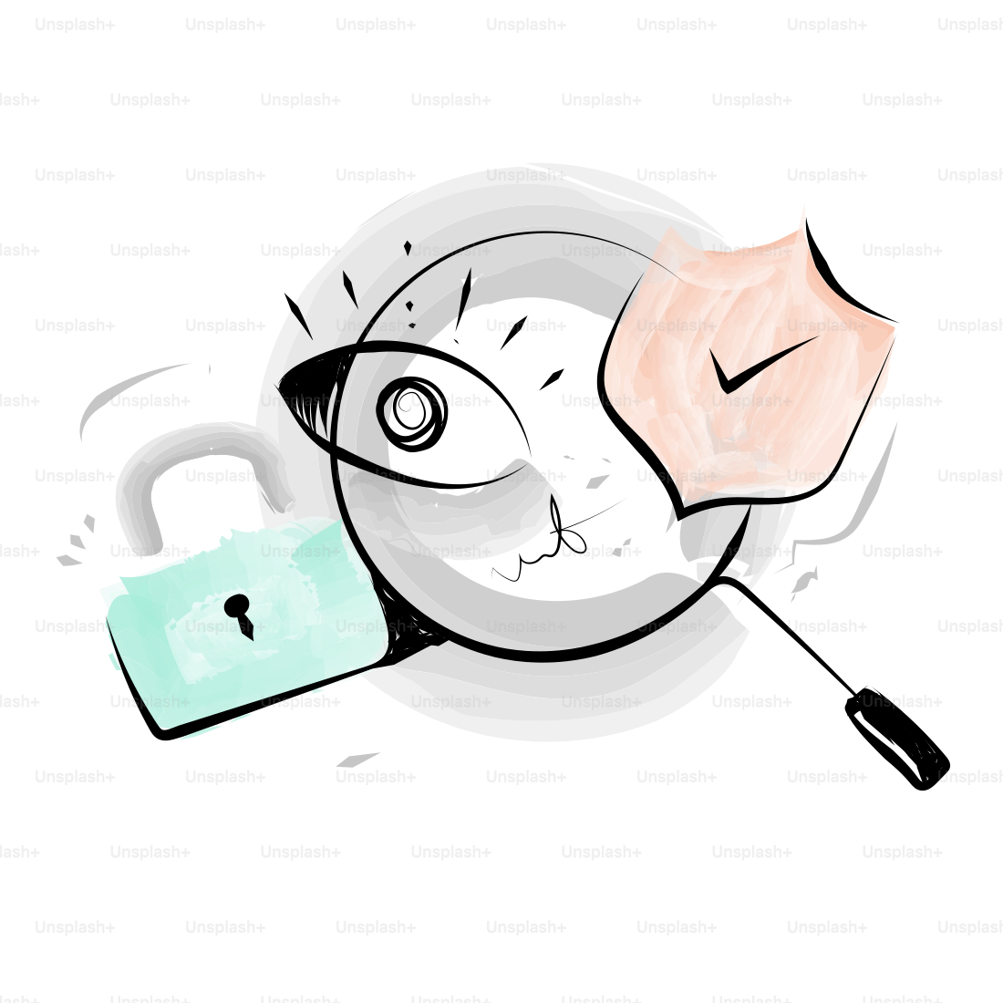 Magnifying glass over eye with lock and shield