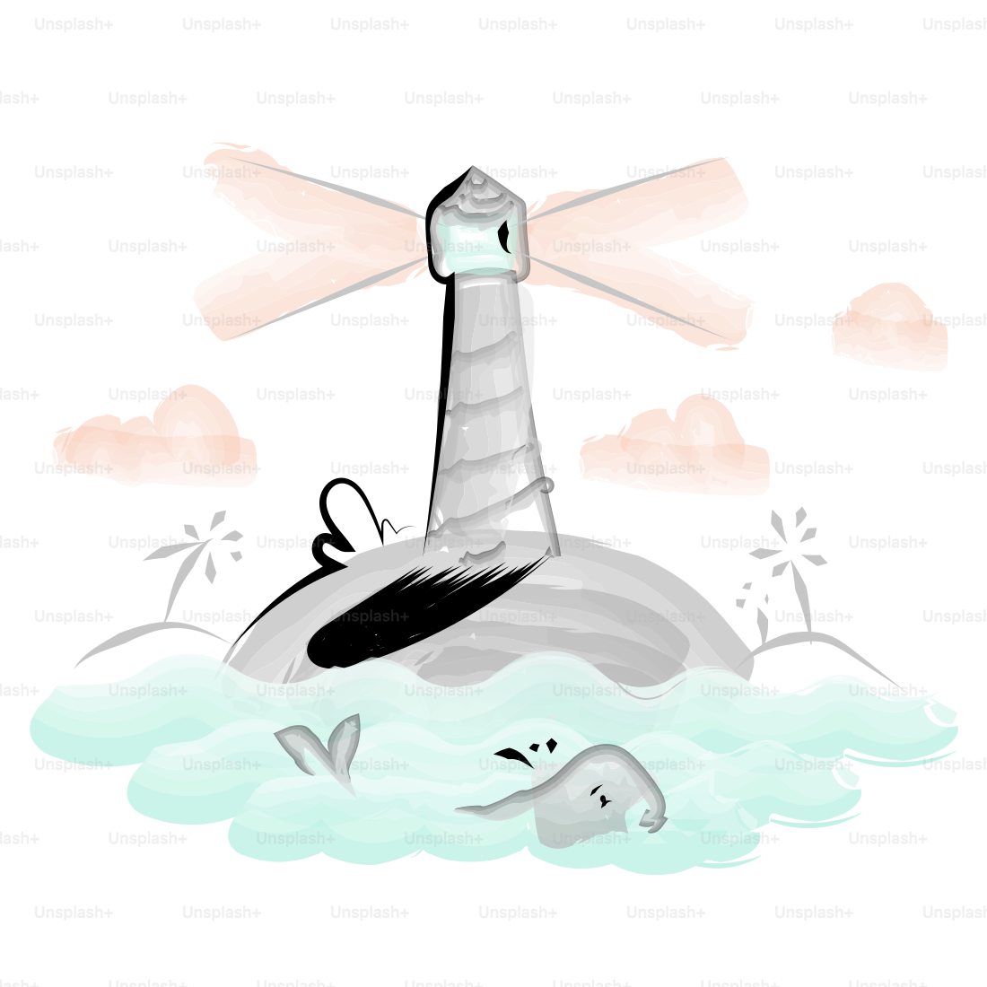 Lighthouse on an island with a whale in the ocean.