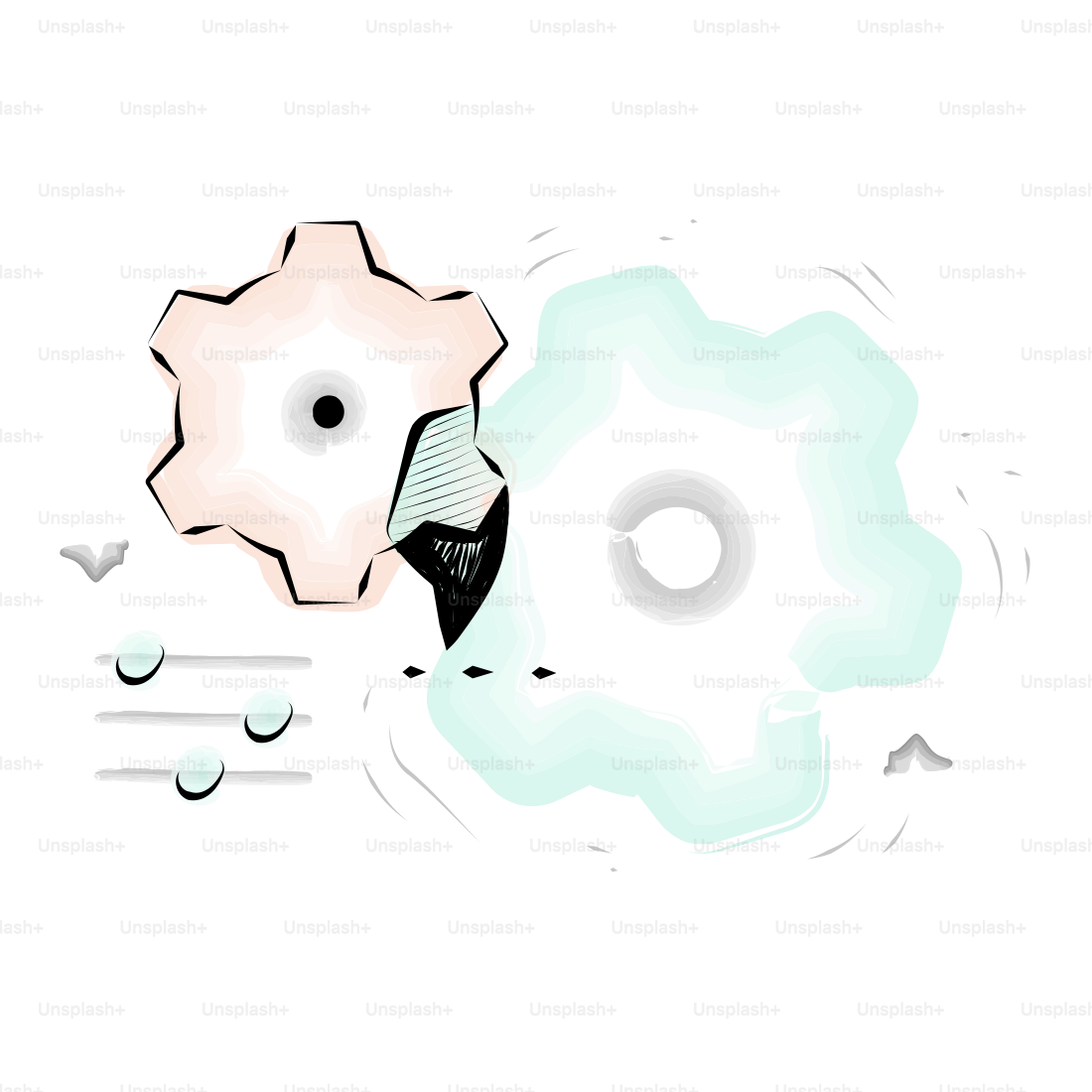 Two gears meshing with sliders and three sliders