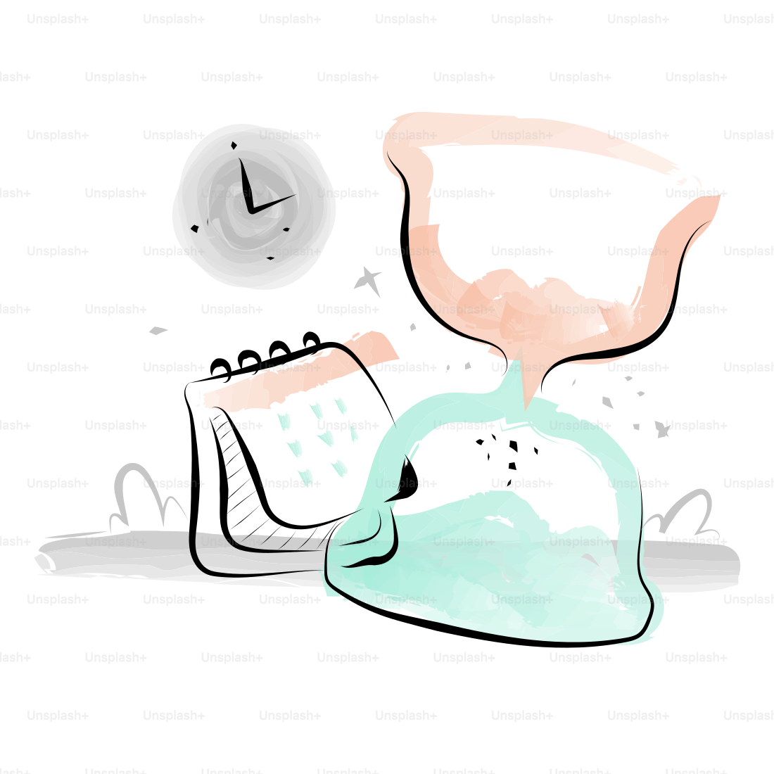 Hourglass, calendar, and clock illustrating time management.