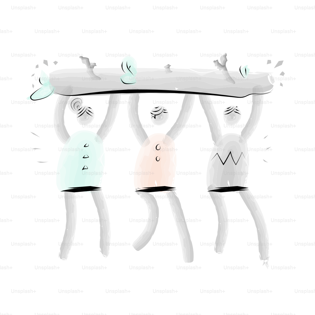 Three stylized figures carry a large log together