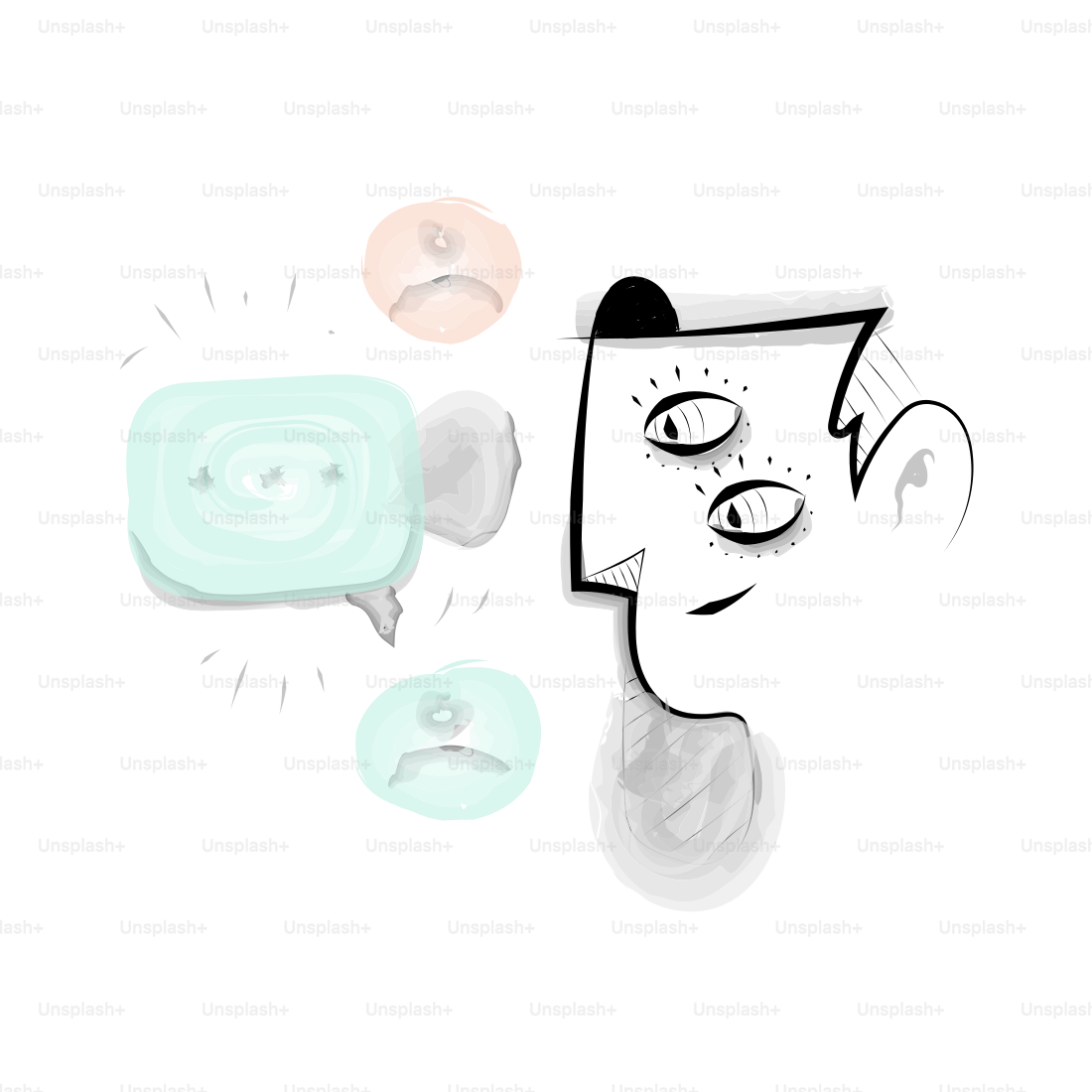 Abstract face with speech bubble and sad faces.