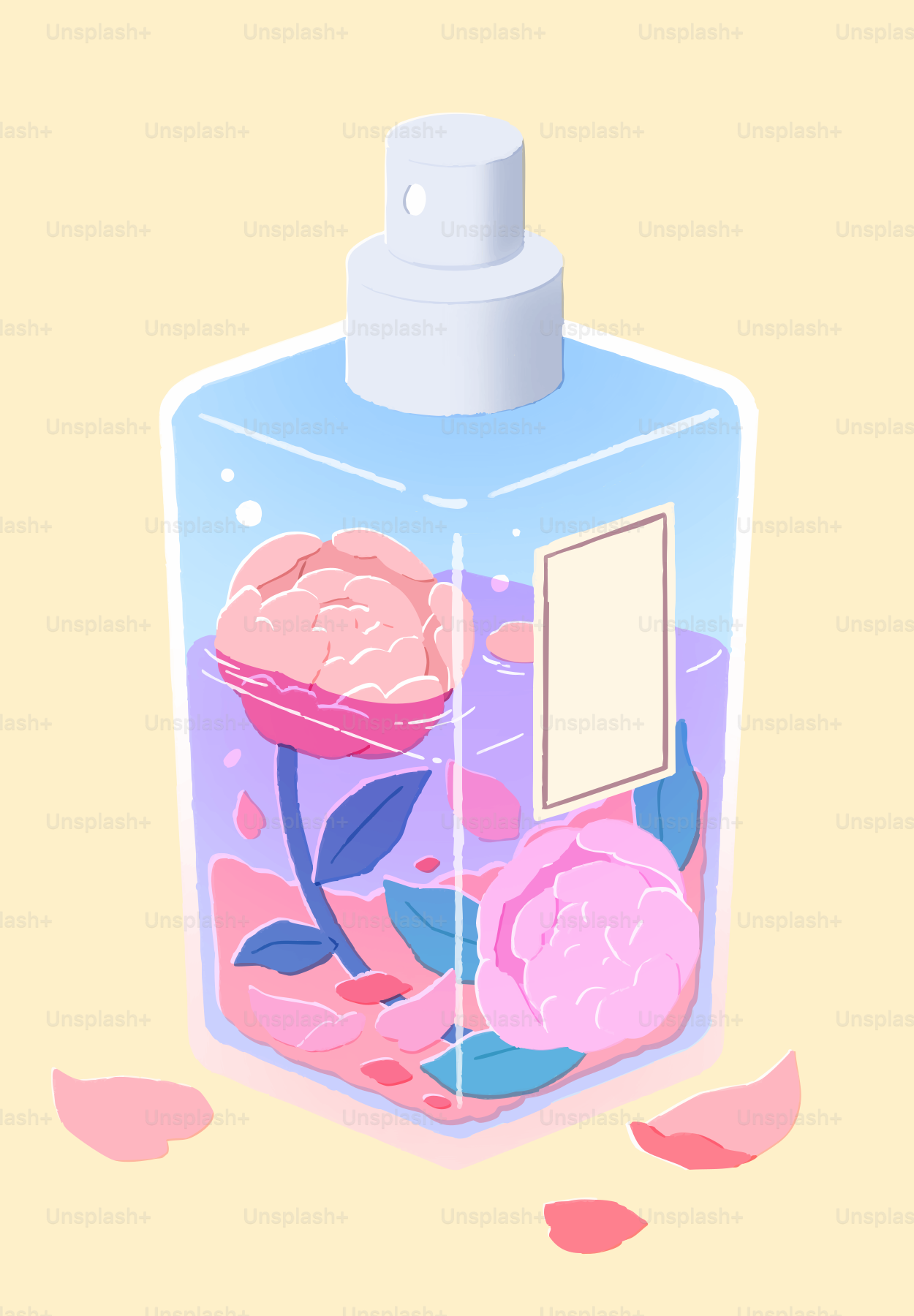 Perfume bottle with pink flowers and petals