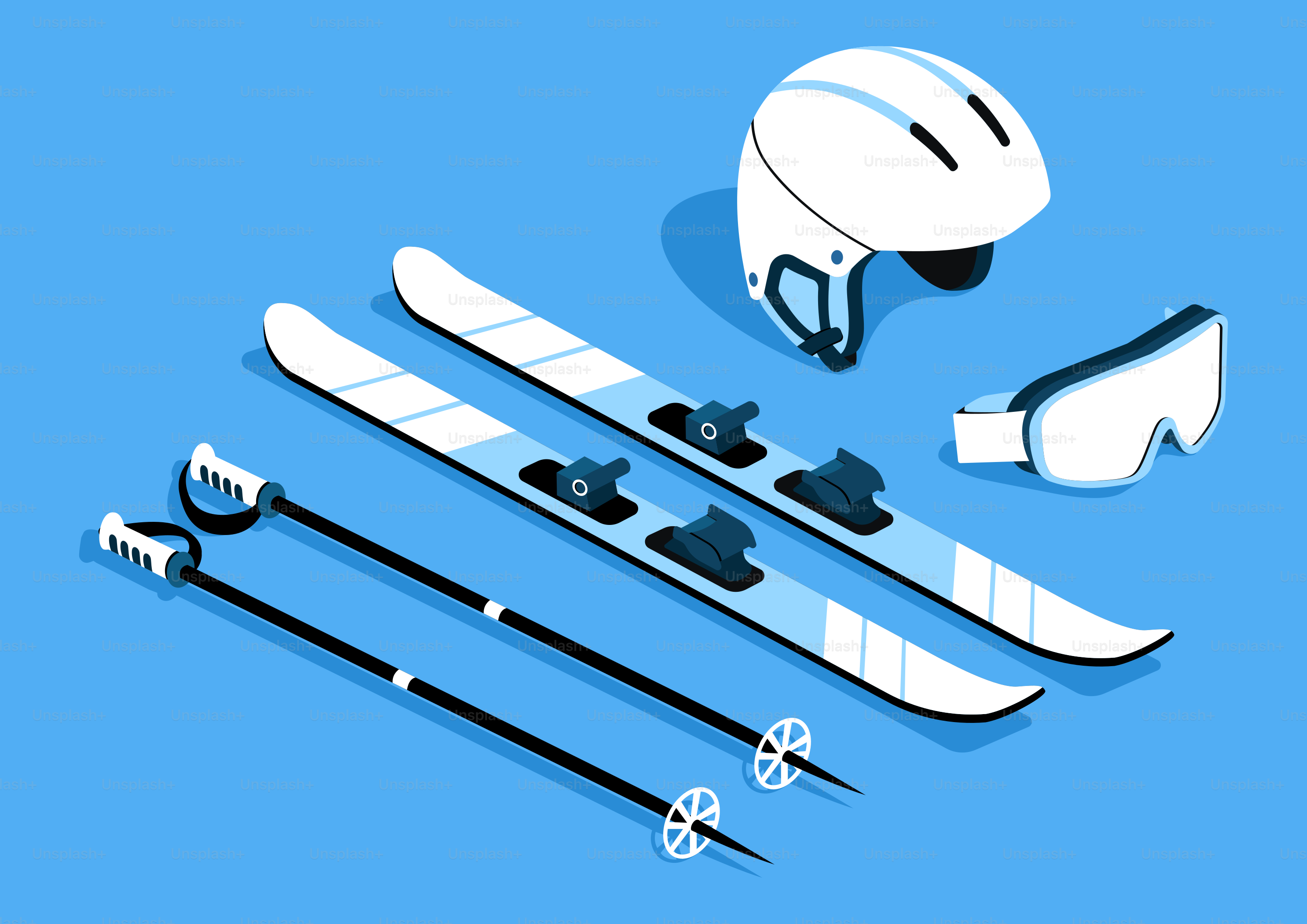 Skier, Stöcke, Helm und Schutzbrille auf blauem Hintergrund