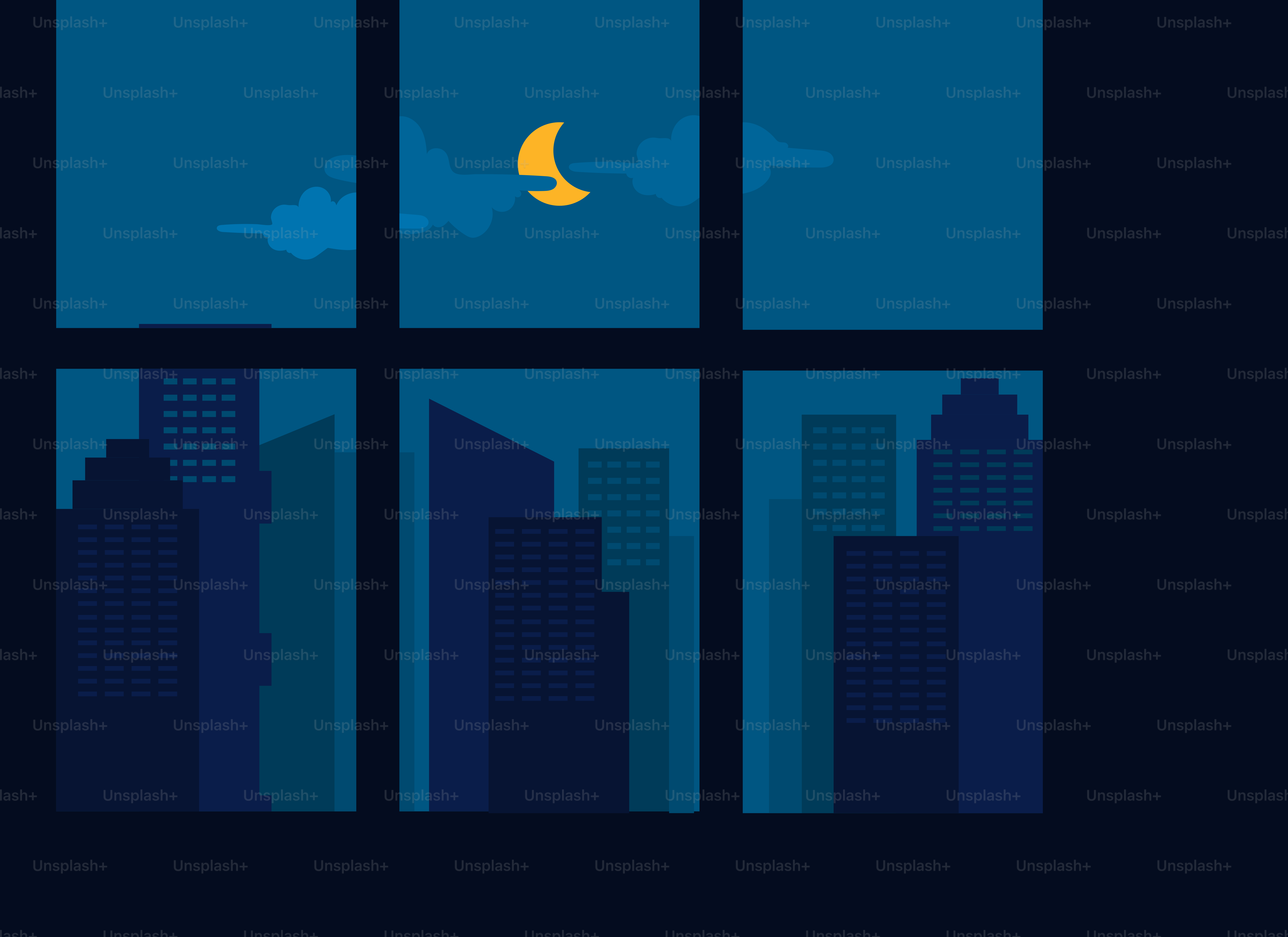 Crescent moon over city skyline at night