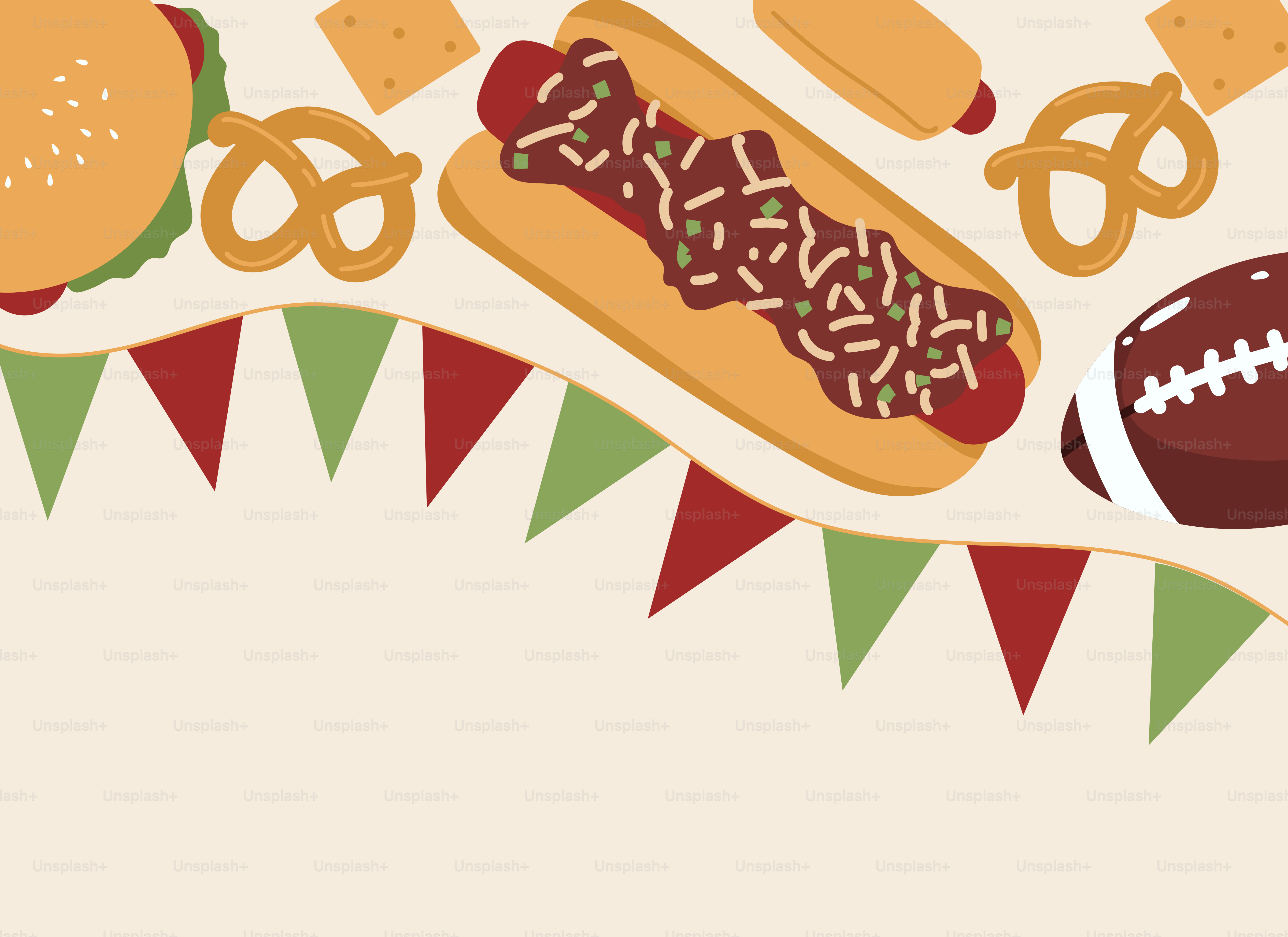 Hot dogs, pretzels, and football with festive bunting.