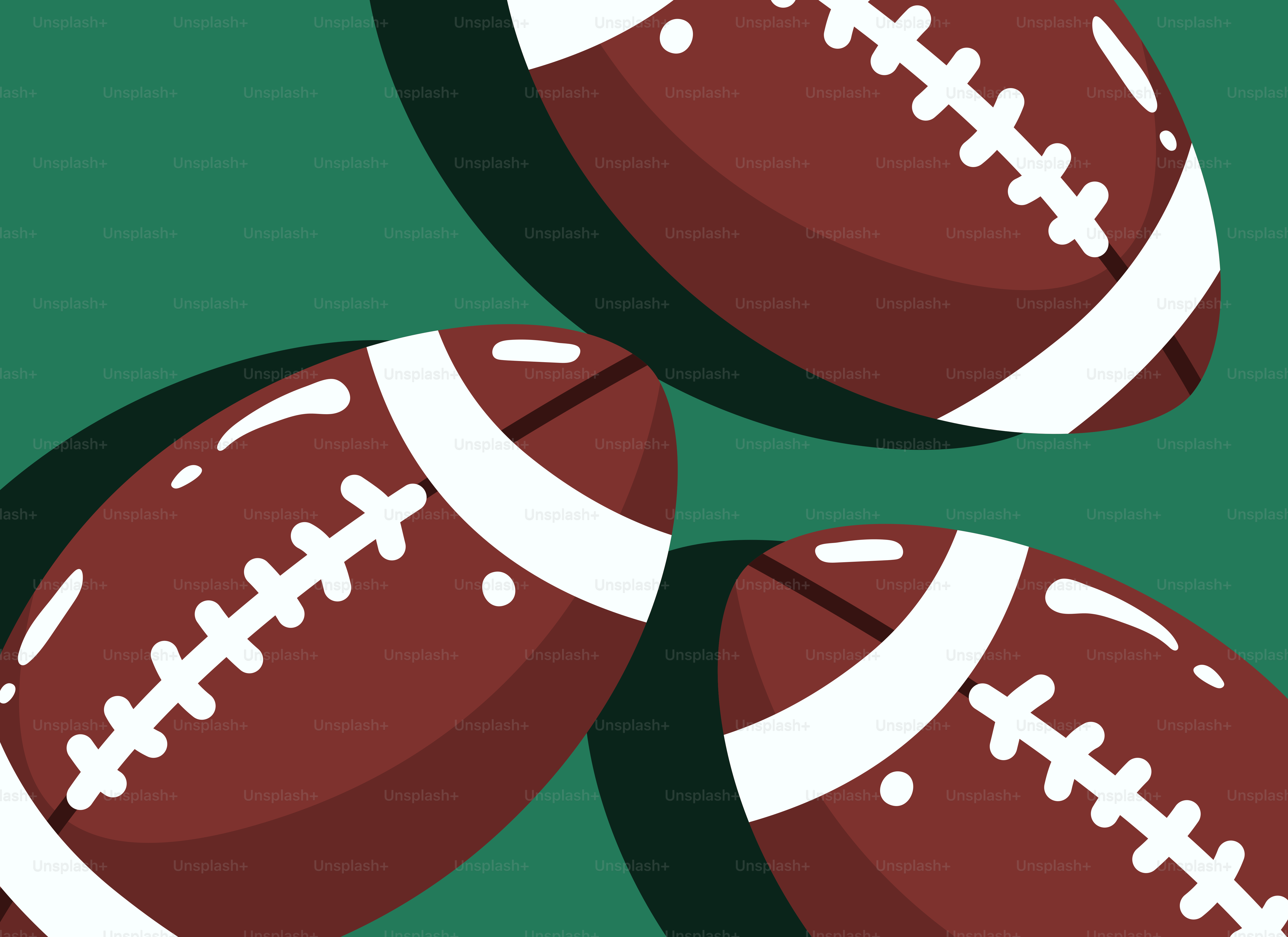 Tres balones americanos sobre fondo verde.