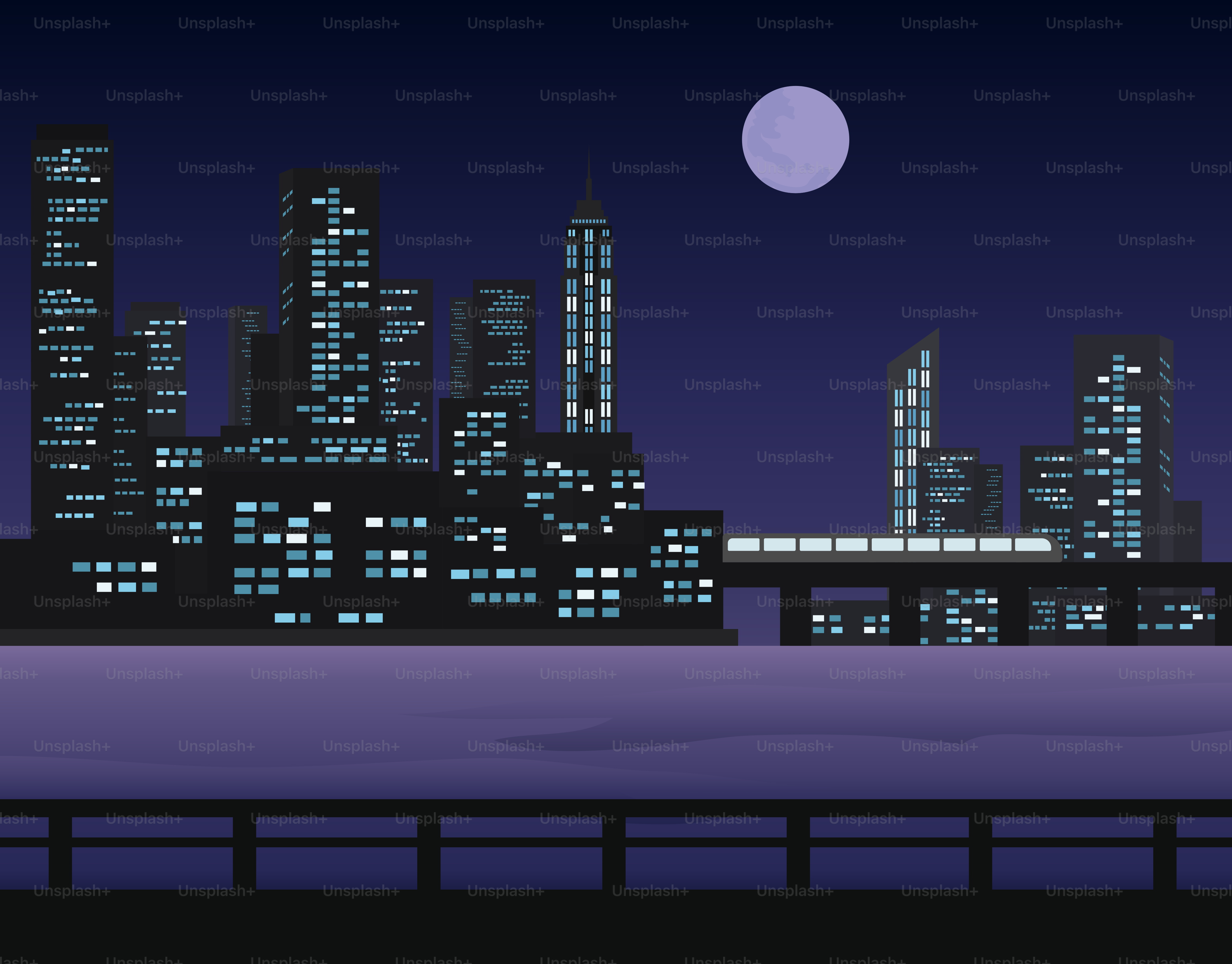 A vibrant cityscape at night with a full moon.