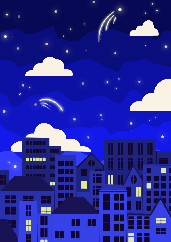 A city skyline at night with shooting stars.