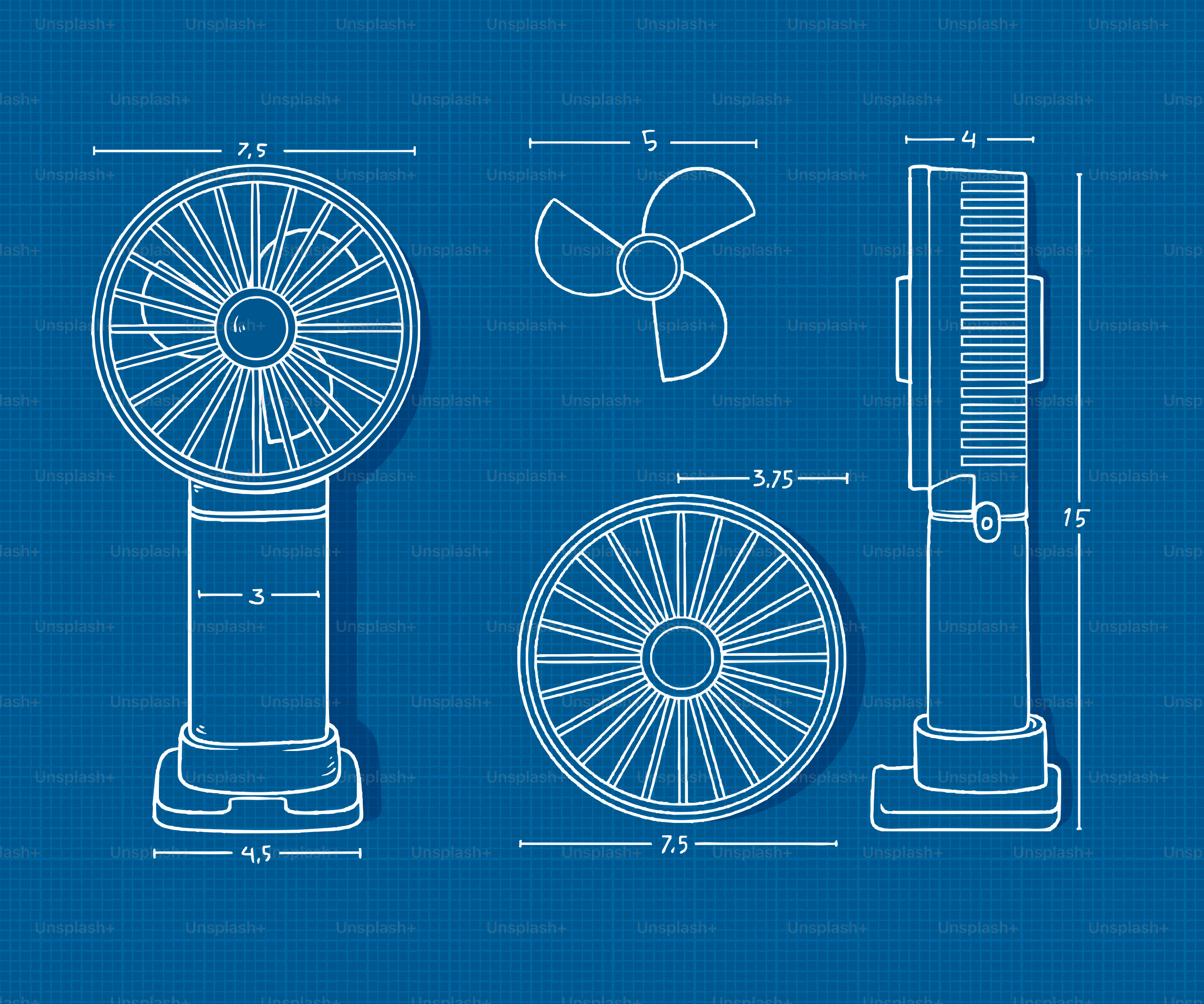 Blueprint of a portable fan with dimensions
