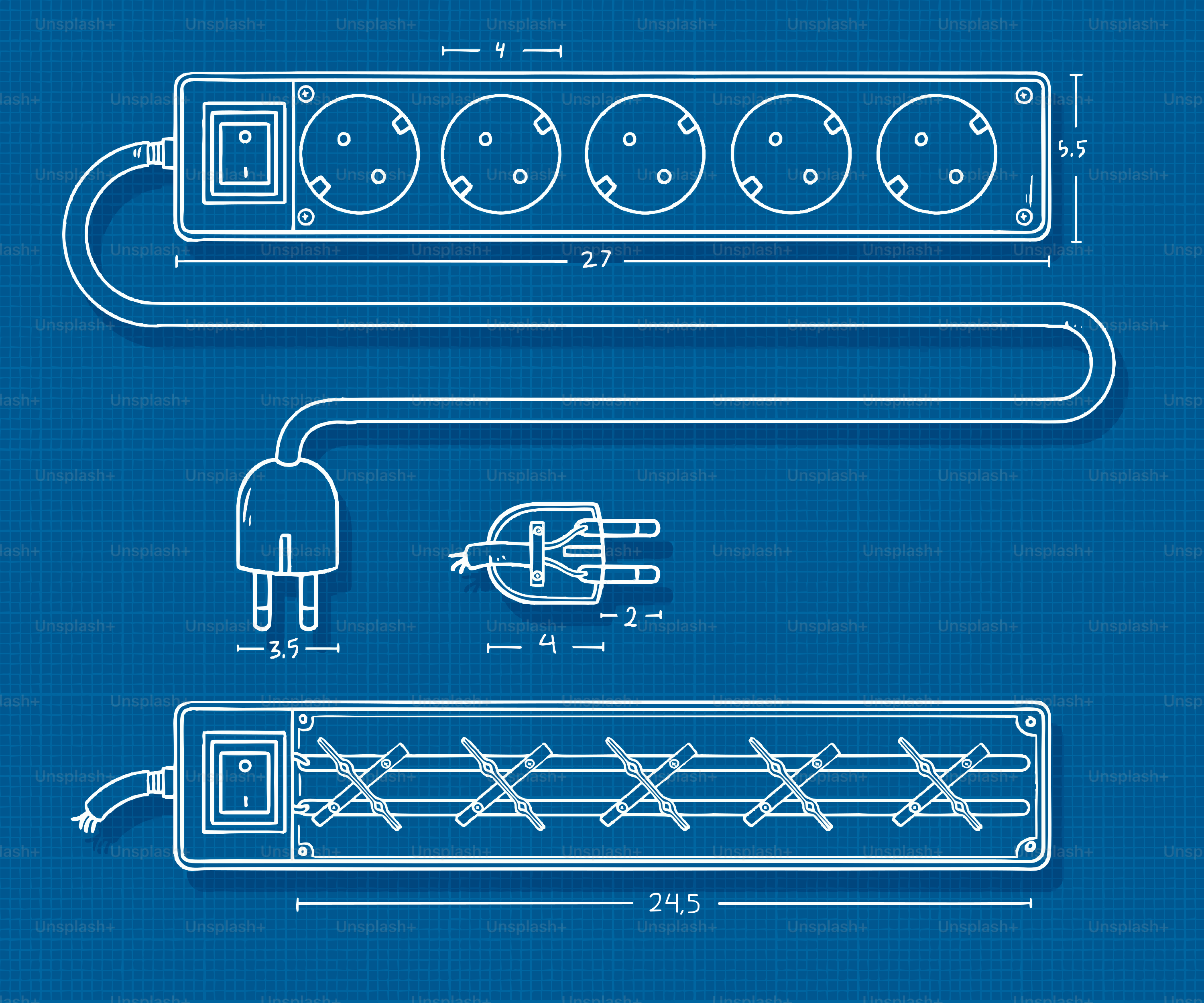 Blueprint of an electrical power strip and plug
