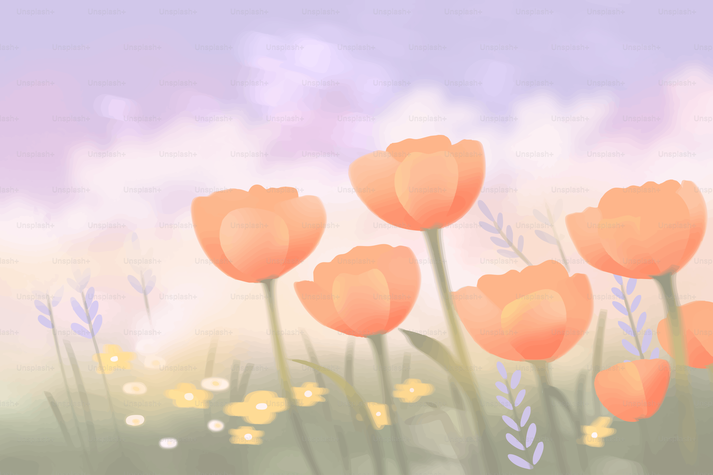 Soft orange tulips bloom in a pastel meadow.
