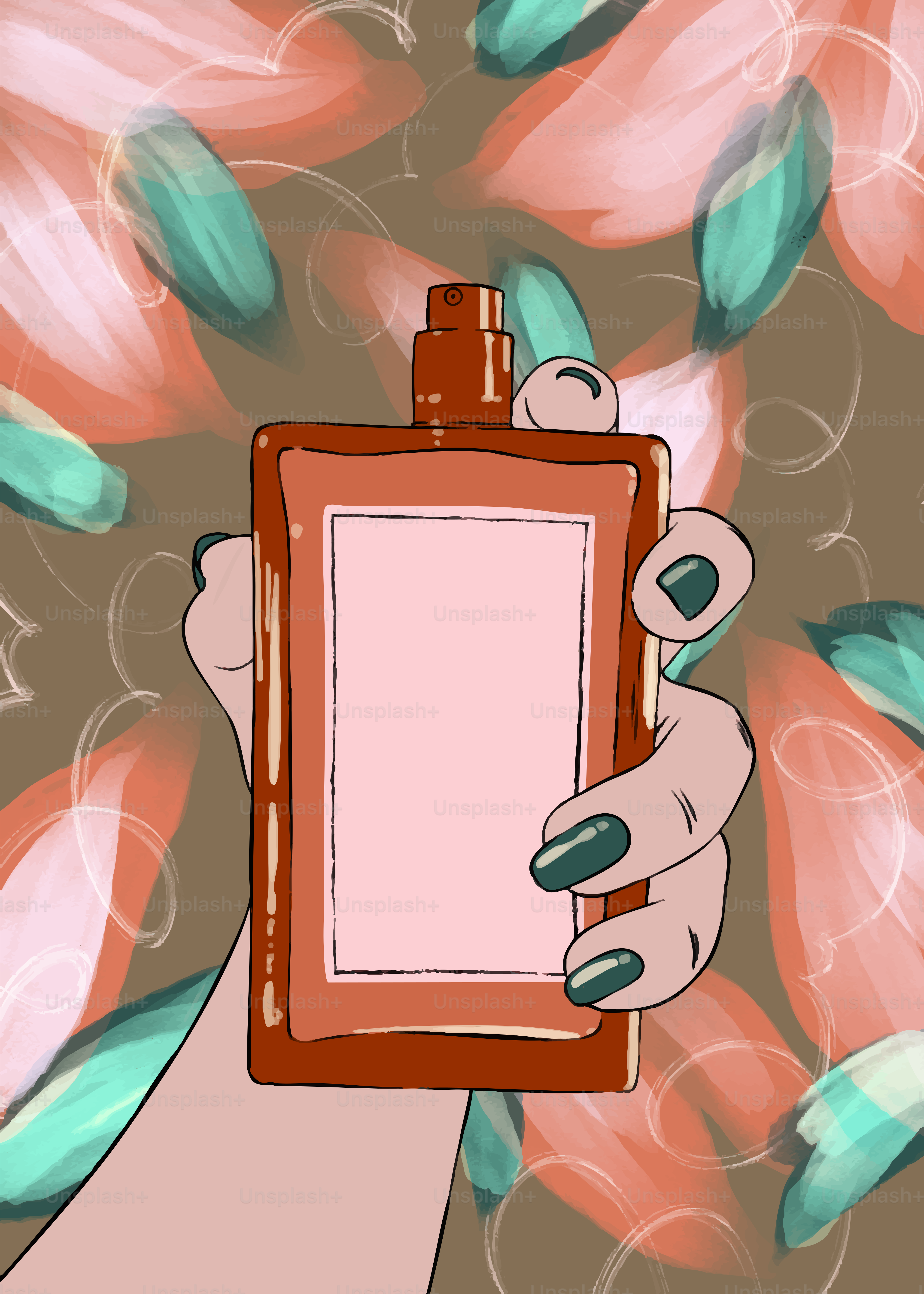 Hand holding a perfume bottle with floral background