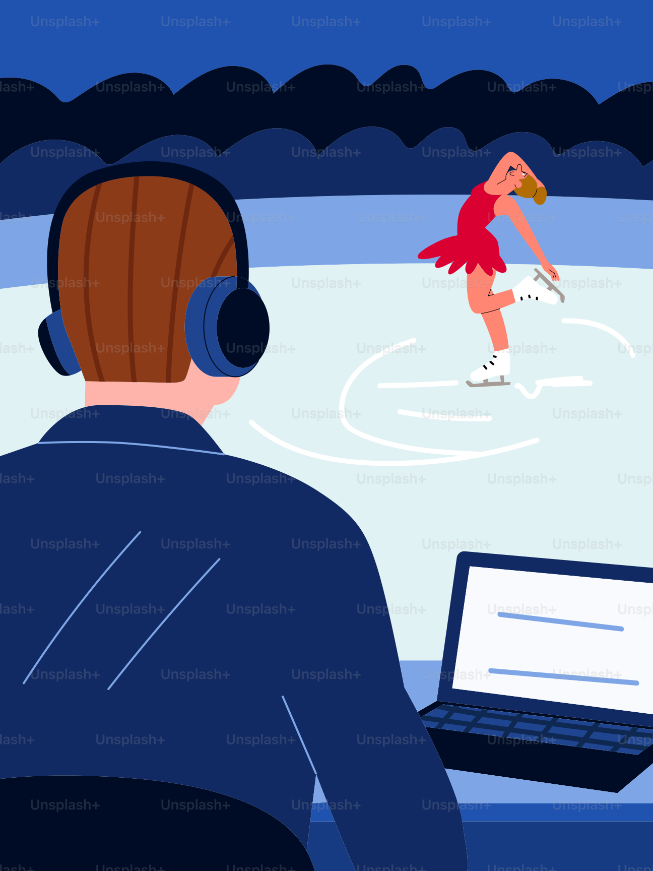 Figure skater performs while commentator watches on laptop.