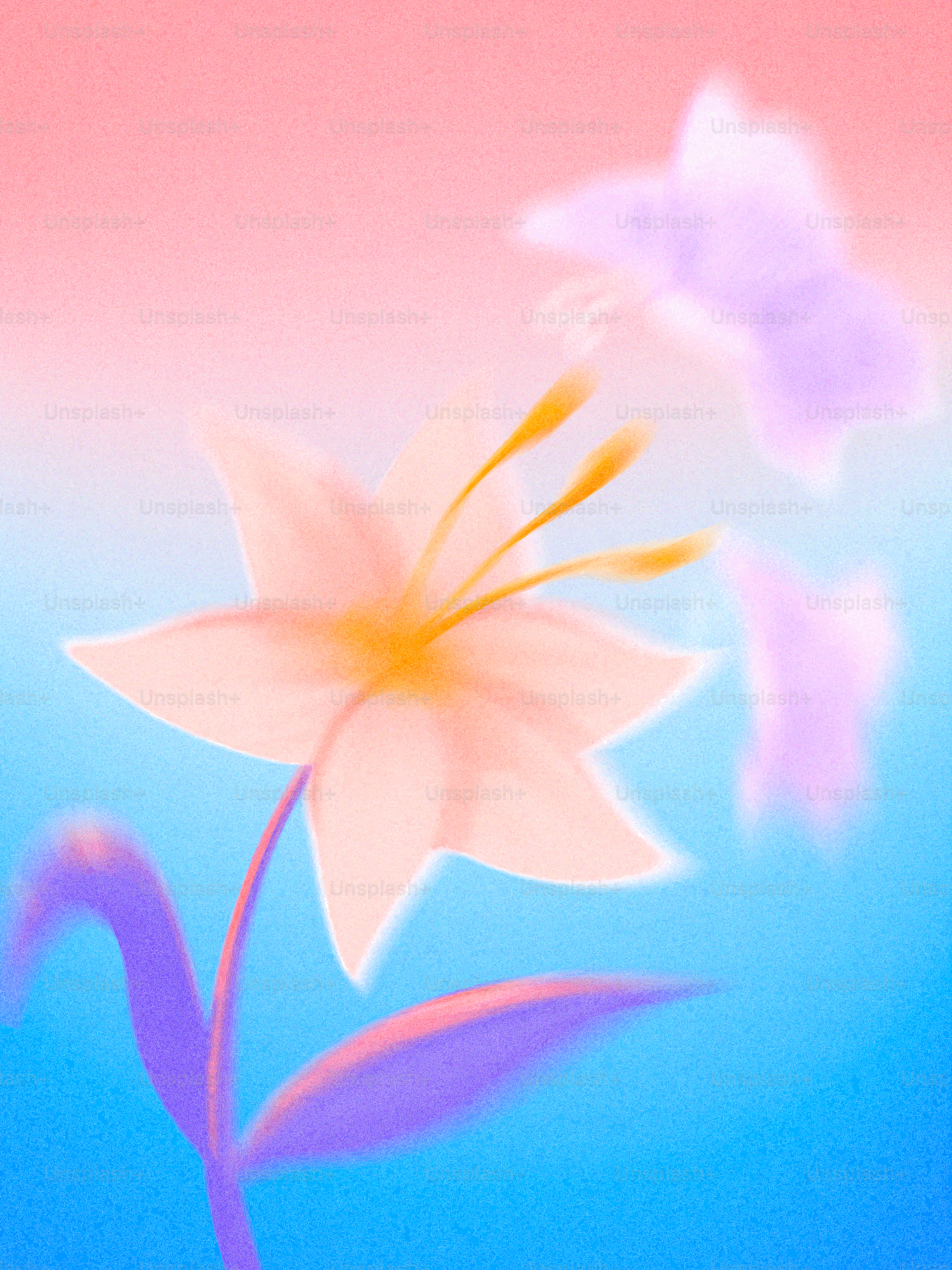 Eine zarte Lilie mit verschwommenen Schmetterlingen vor einem Farbverlauf.