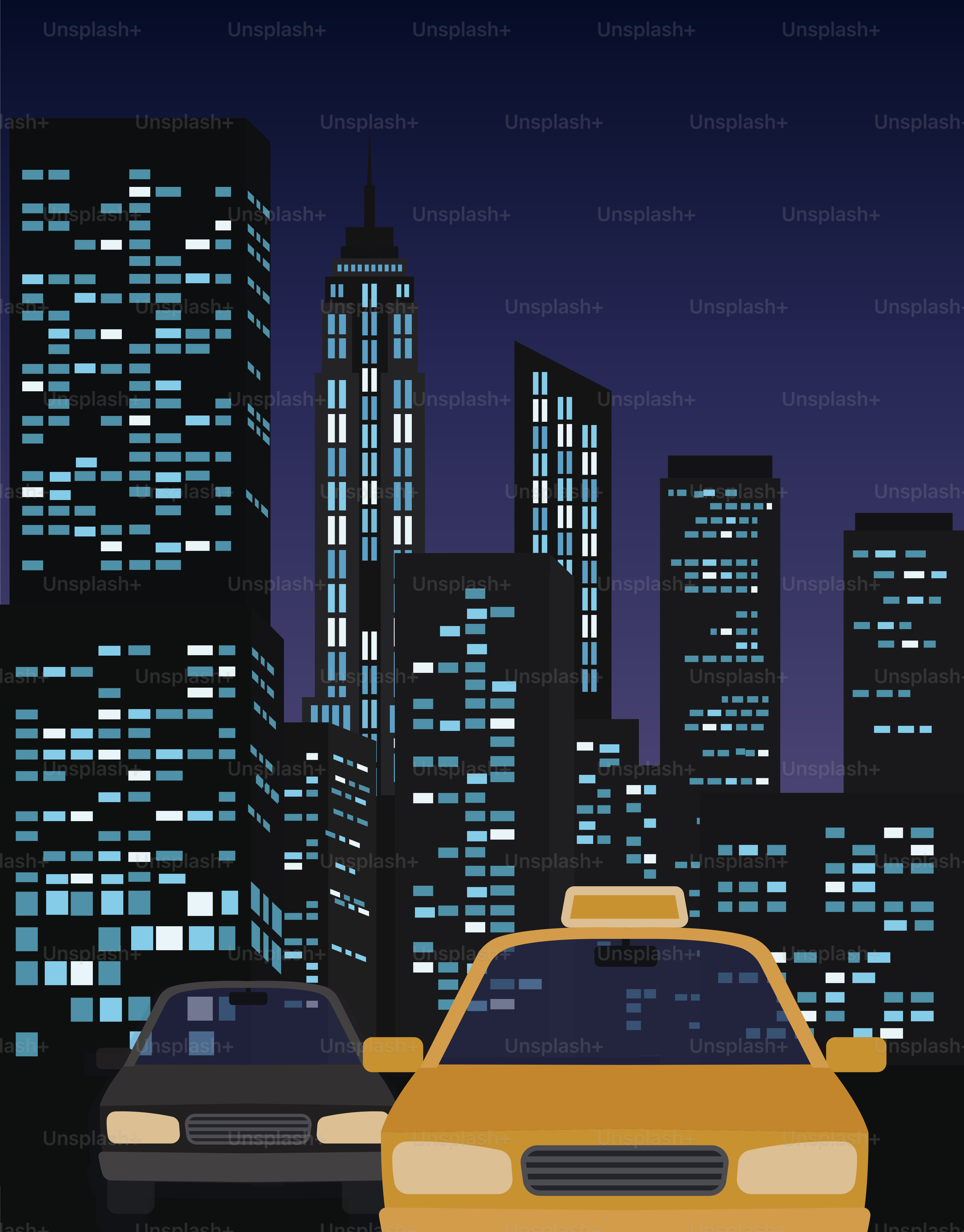 Gelbes Taxi und Autos in einer Stadt bei Nacht