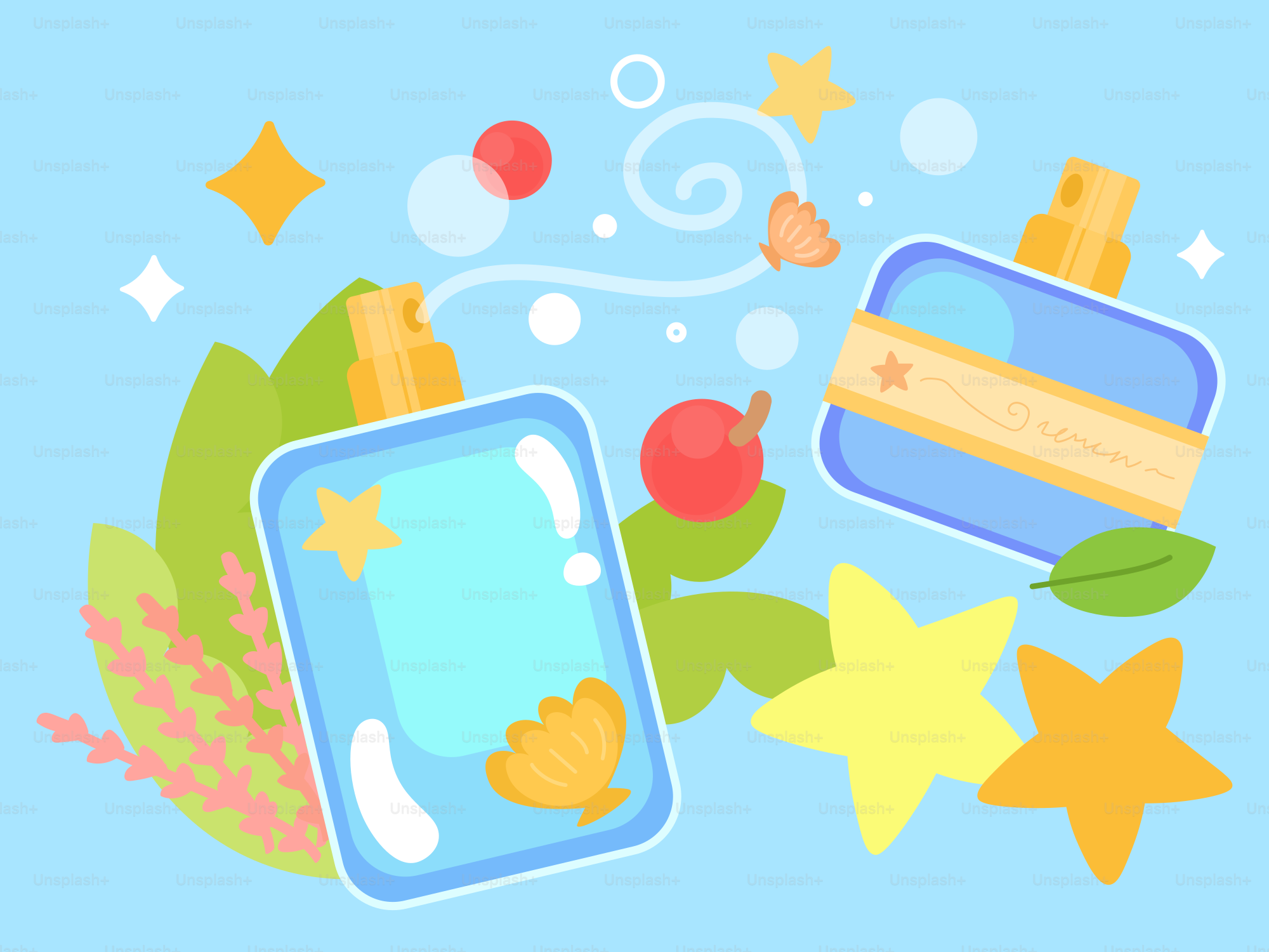 星と葉が描かれた香水瓶が二本