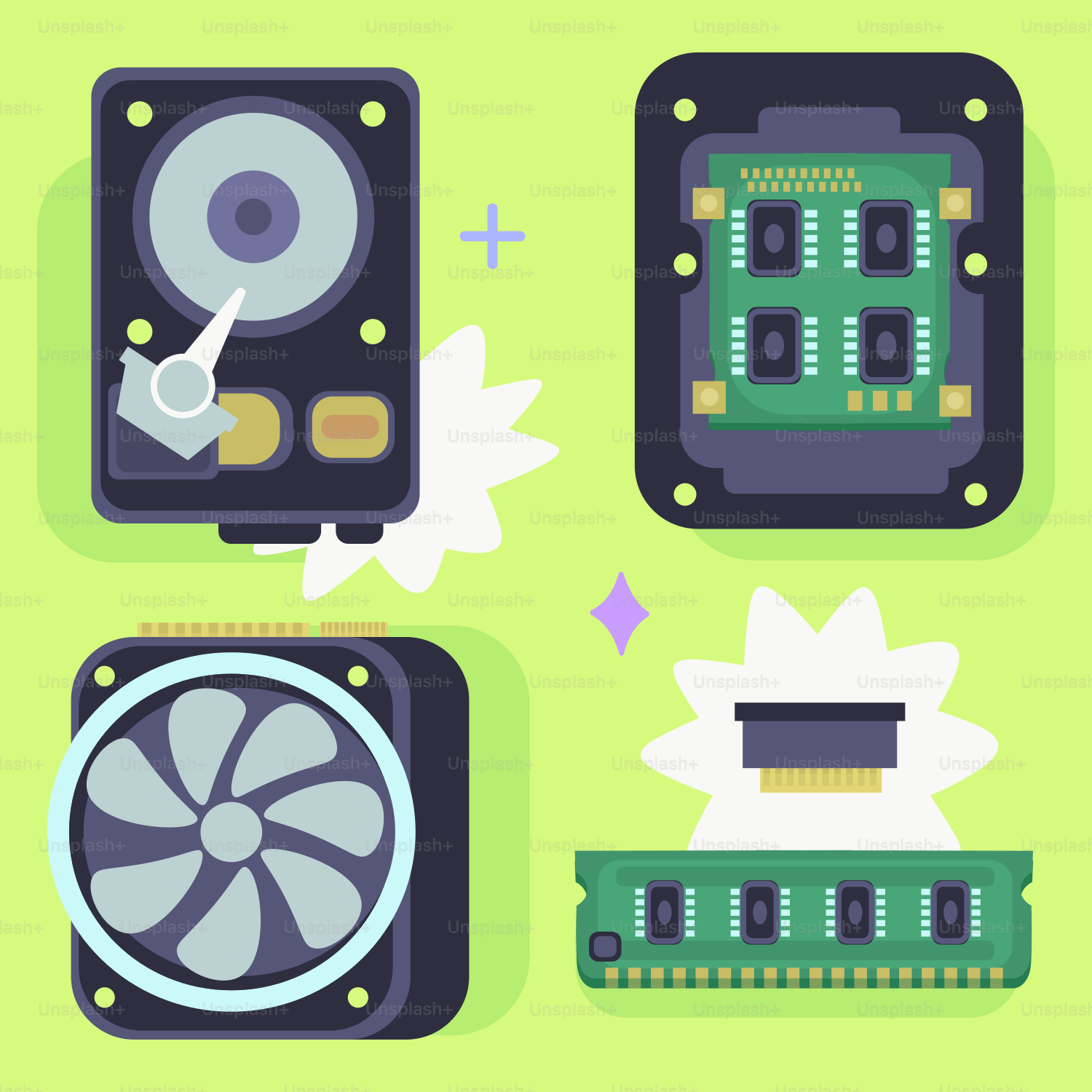 Computer hardware components on a green background