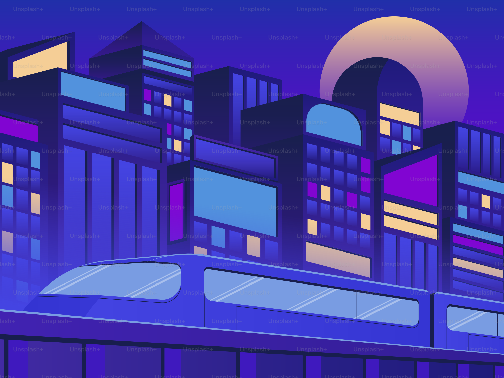 A futuristic train travels through a neon city at night.