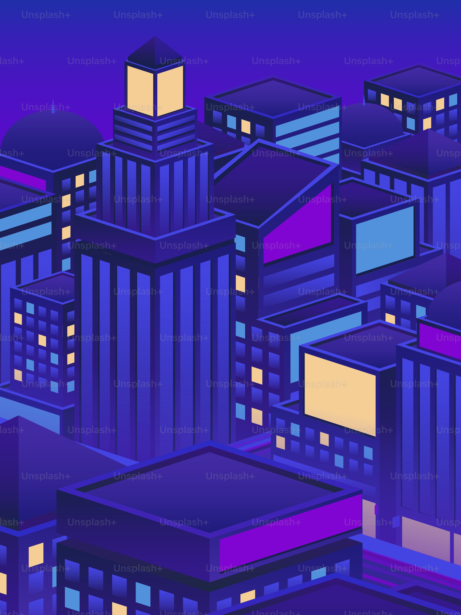 Lebendige Stadtlandschaft mit lila und blauen Neonlichtern.