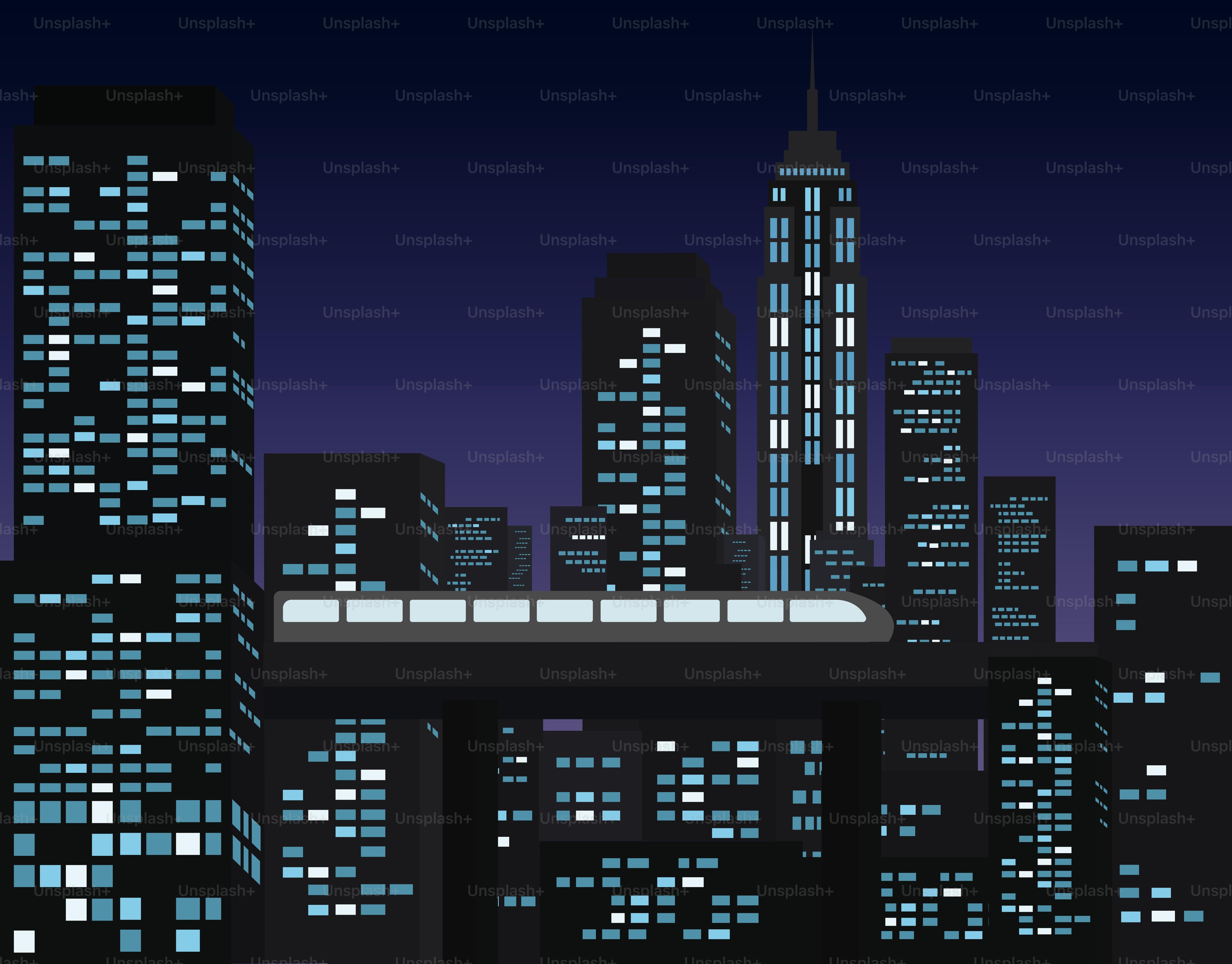 Modern cityscape with a train at night