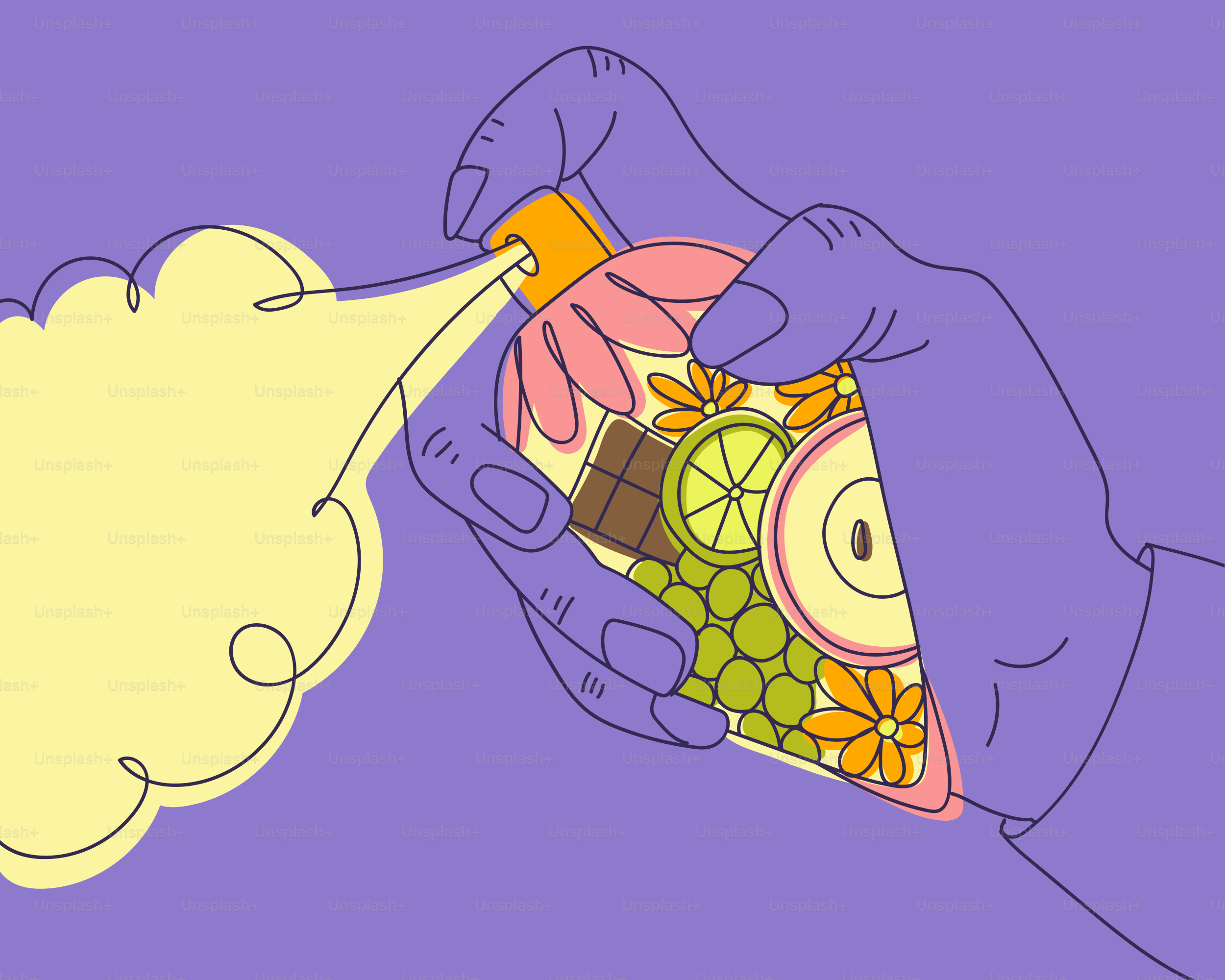 Hand spraying perfume bottle filled with fruits and flowers