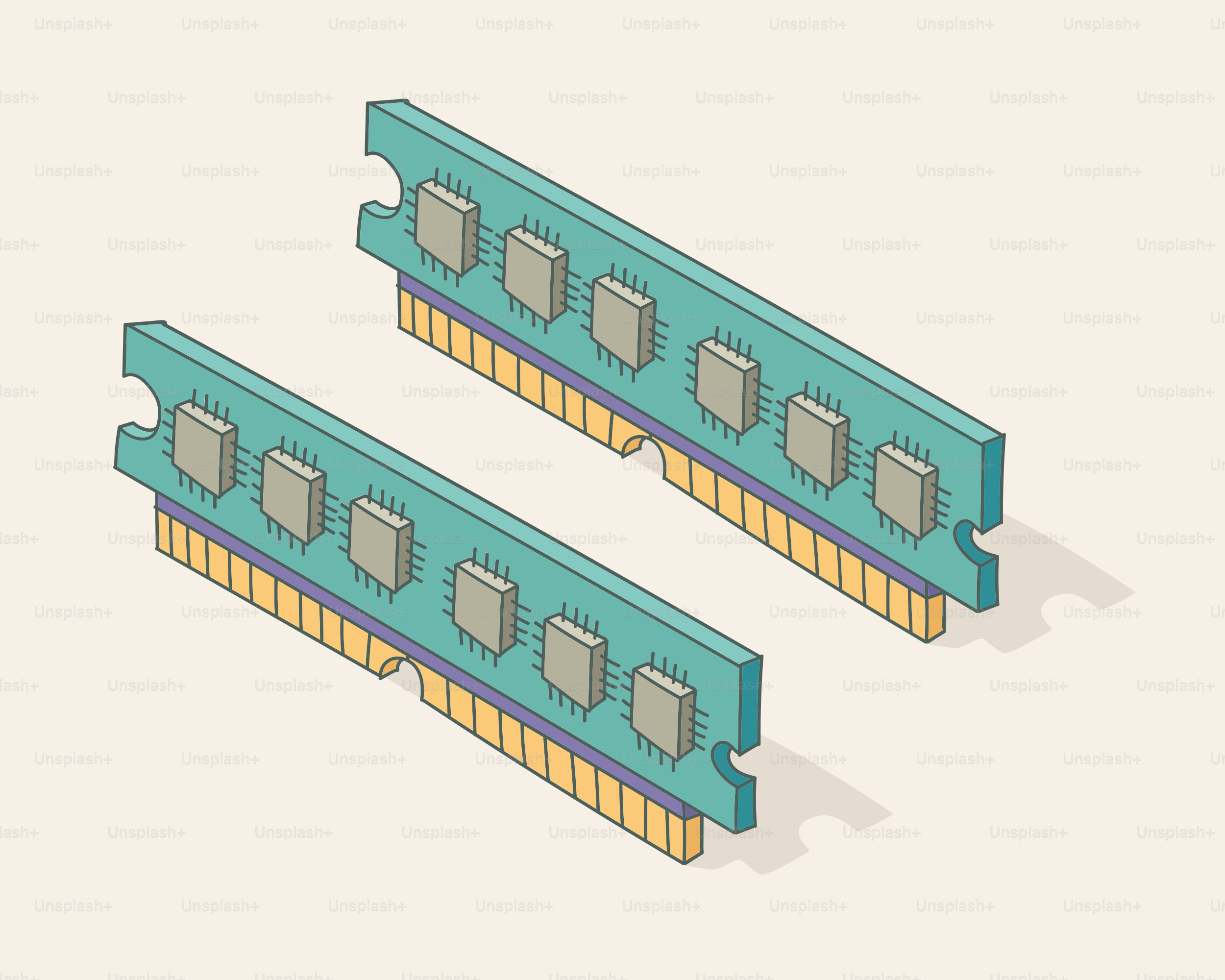 밝은 배경에 두 개의 컴퓨터 RAM 모듈이 있습니다
