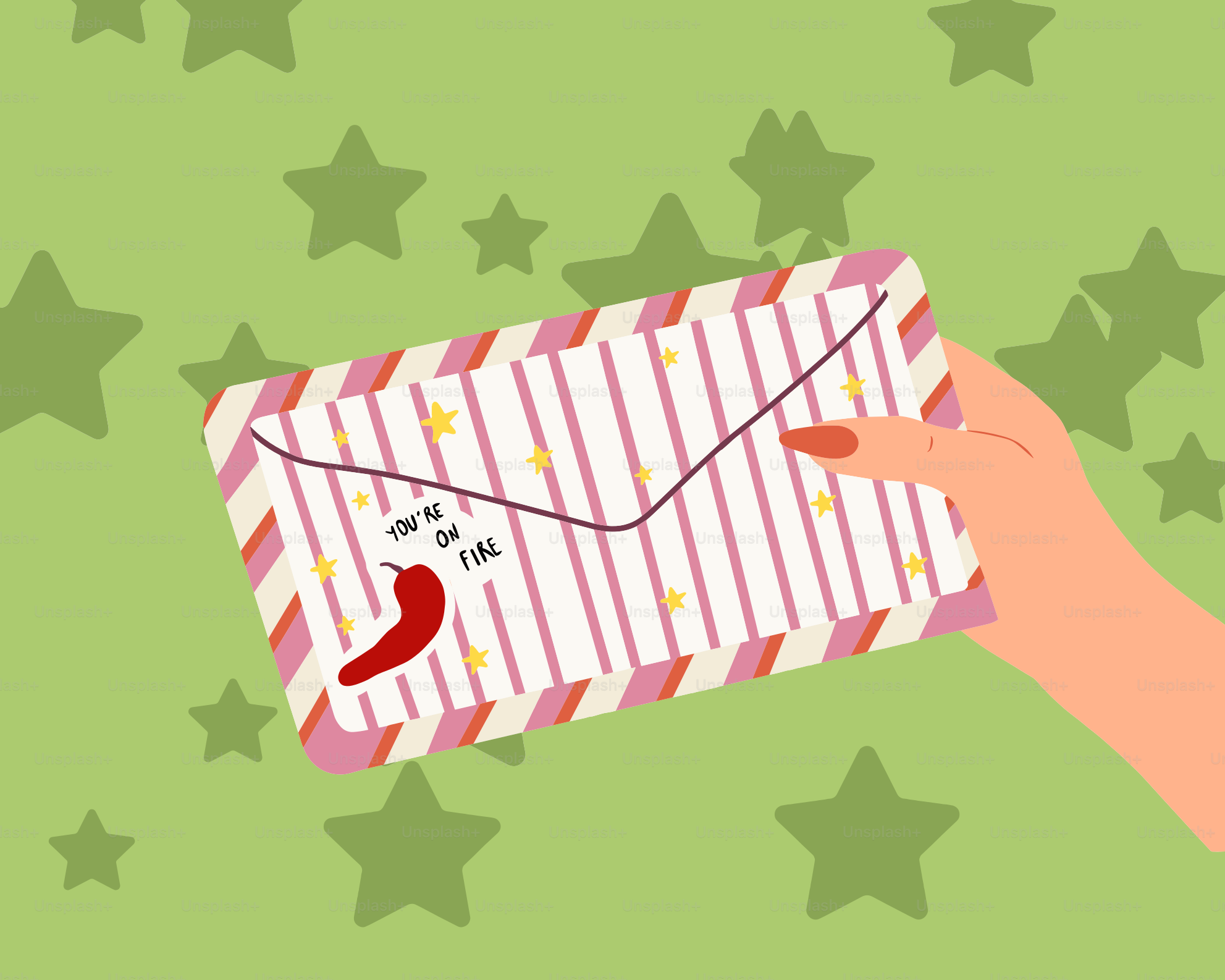 Sosteniendo una carta con un chile y un texto.