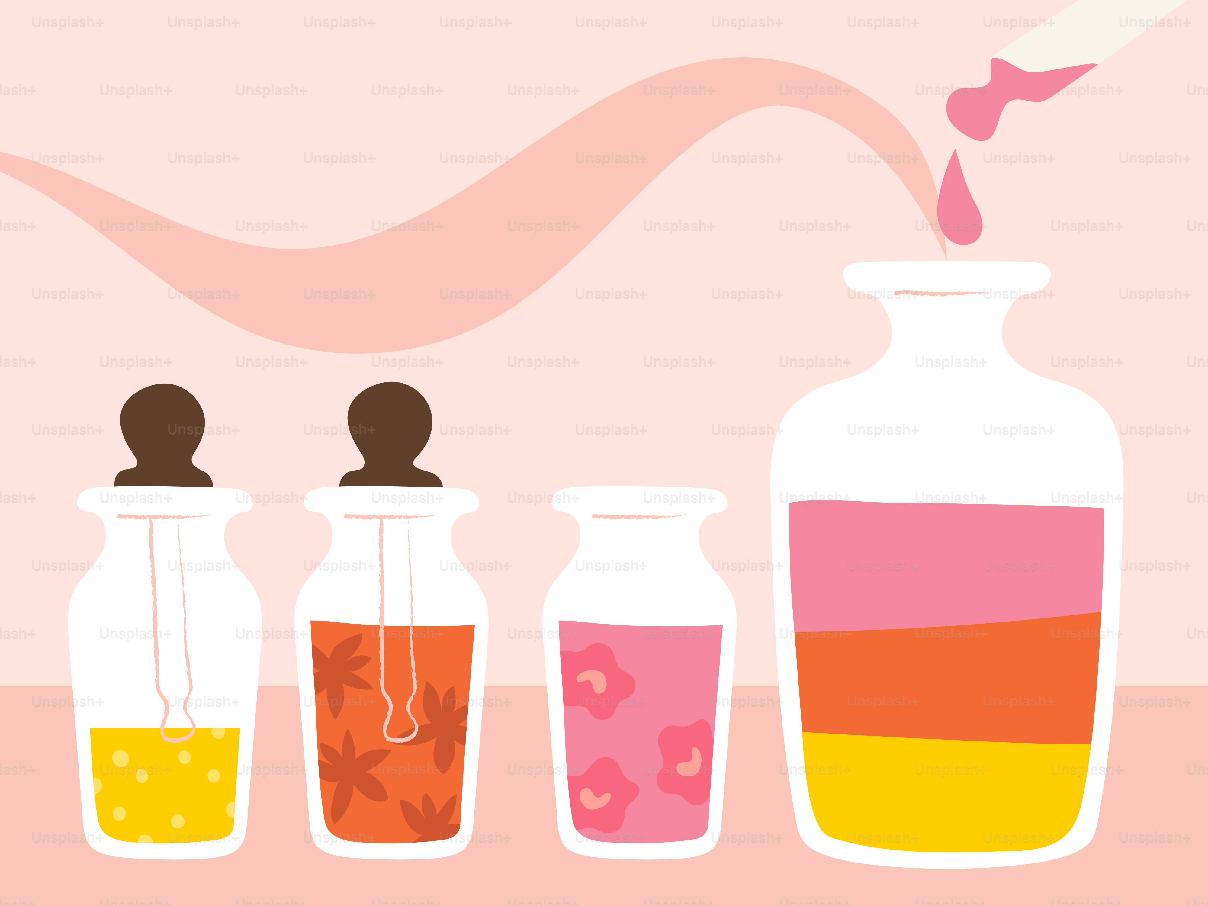 Dropper adding pink liquid to colorful bottles