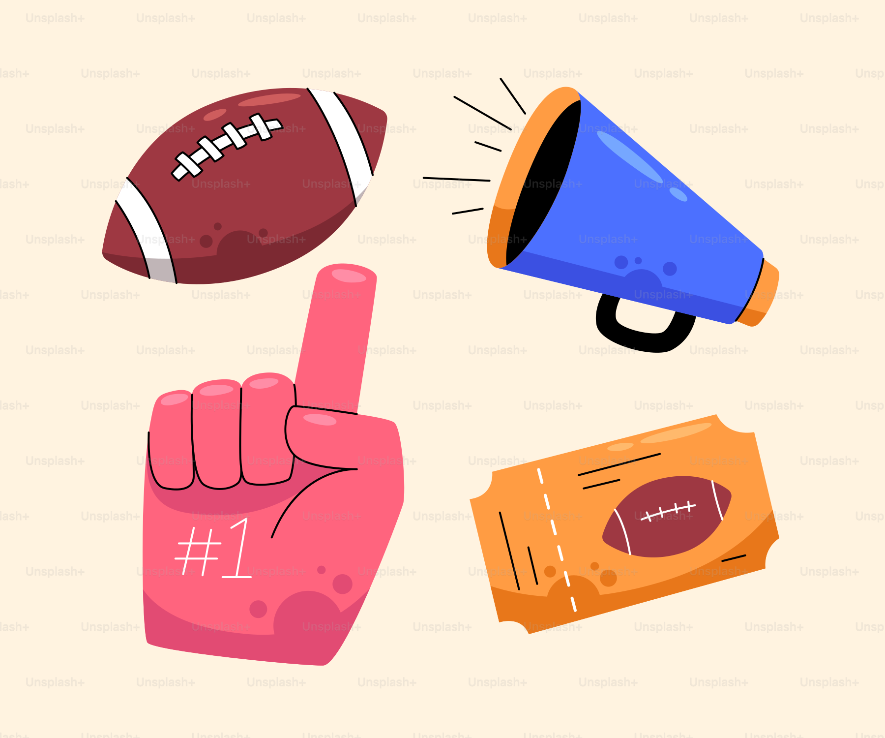 Equipamento e ingresso para torcedores de futebol americano