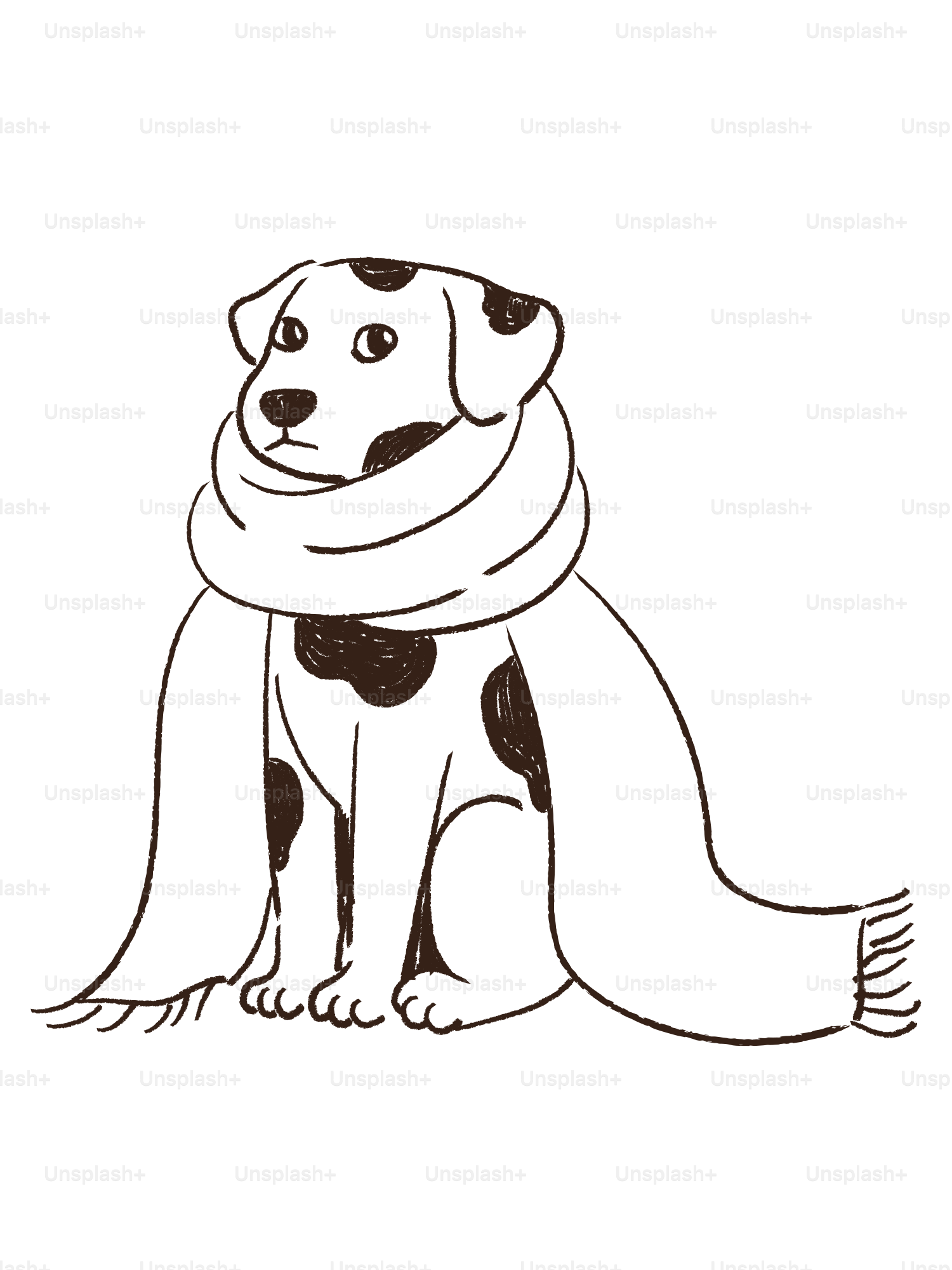 A dog wearing a scarf sits patiently.