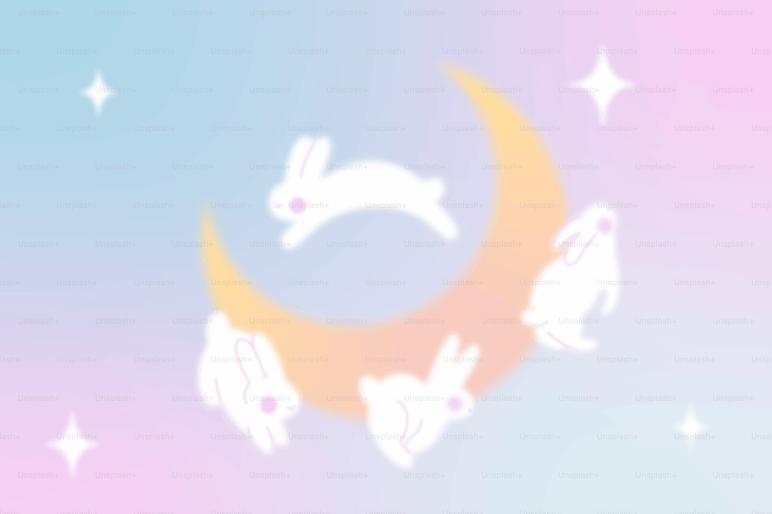 White rabbits on a crescent moon with stars
