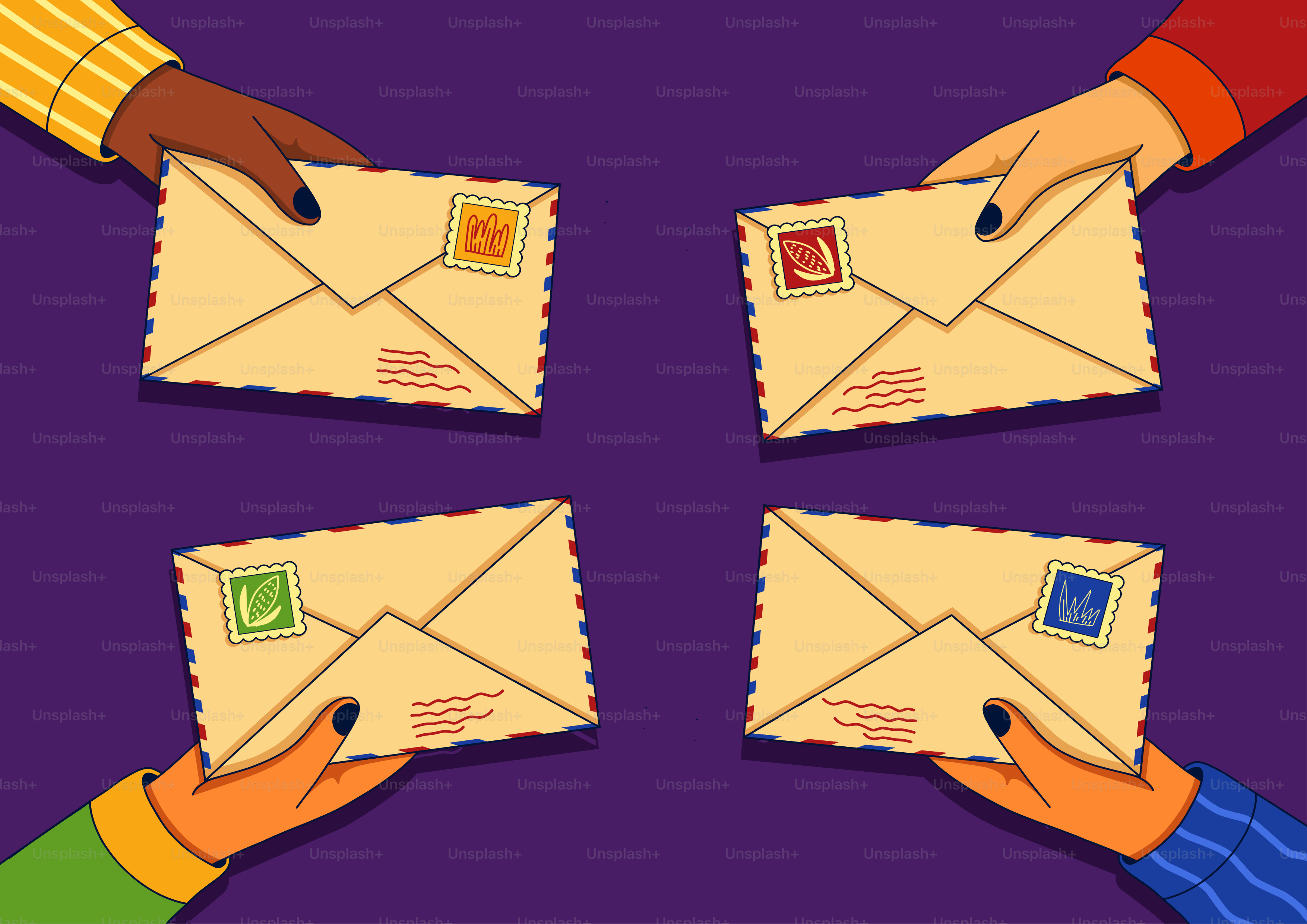 Four hands holding envelopes with stamps