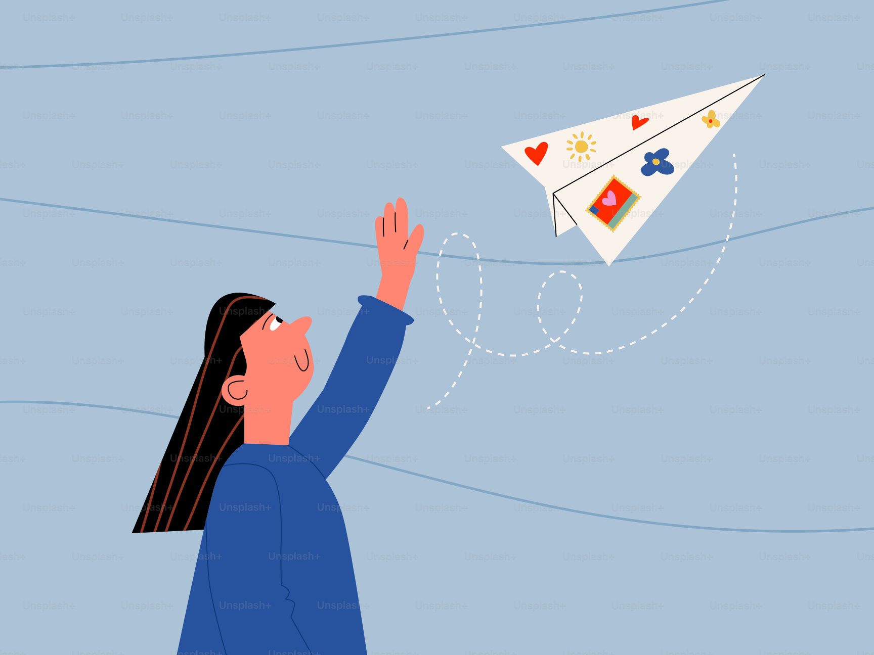 A person waves goodbye to a paper airplane.