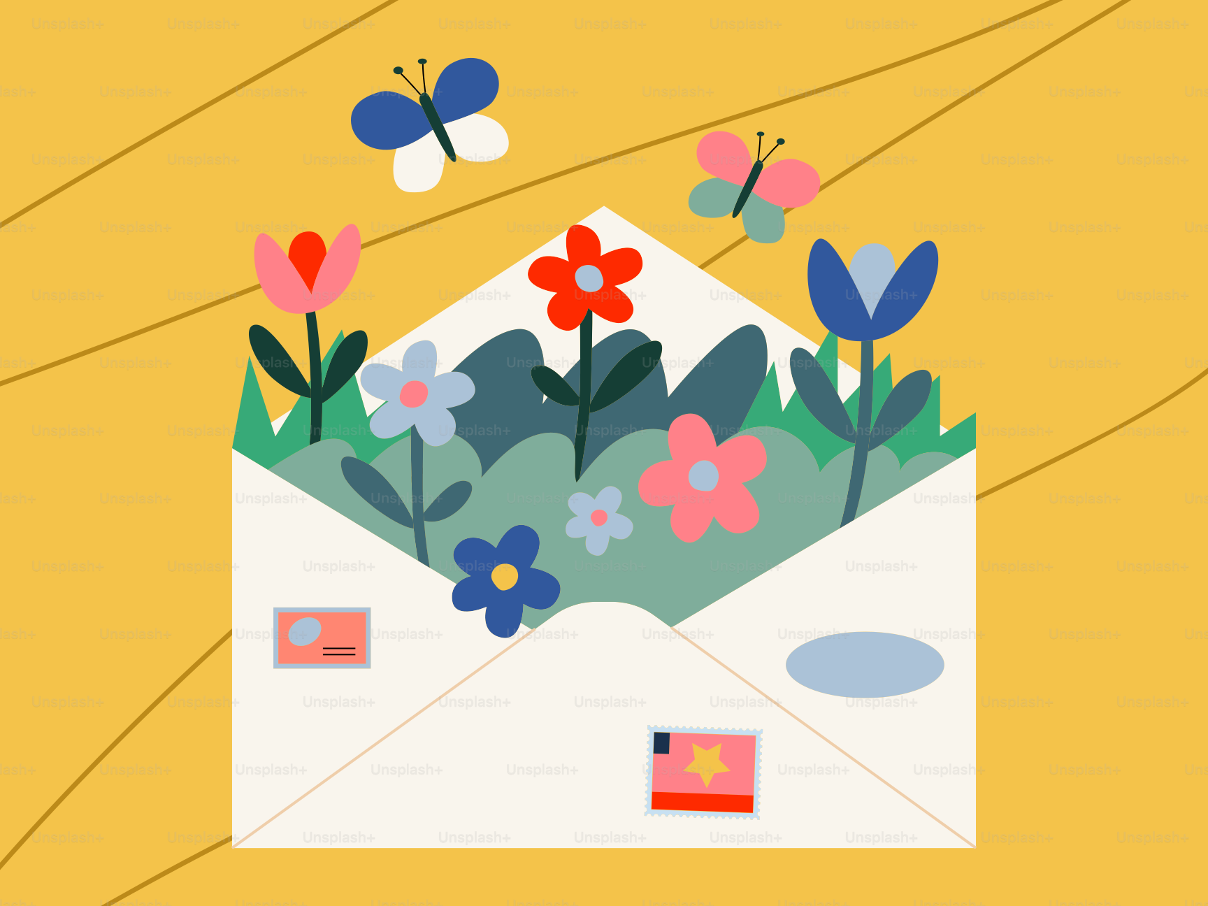 Envelope overflowing with flowers and butterflies