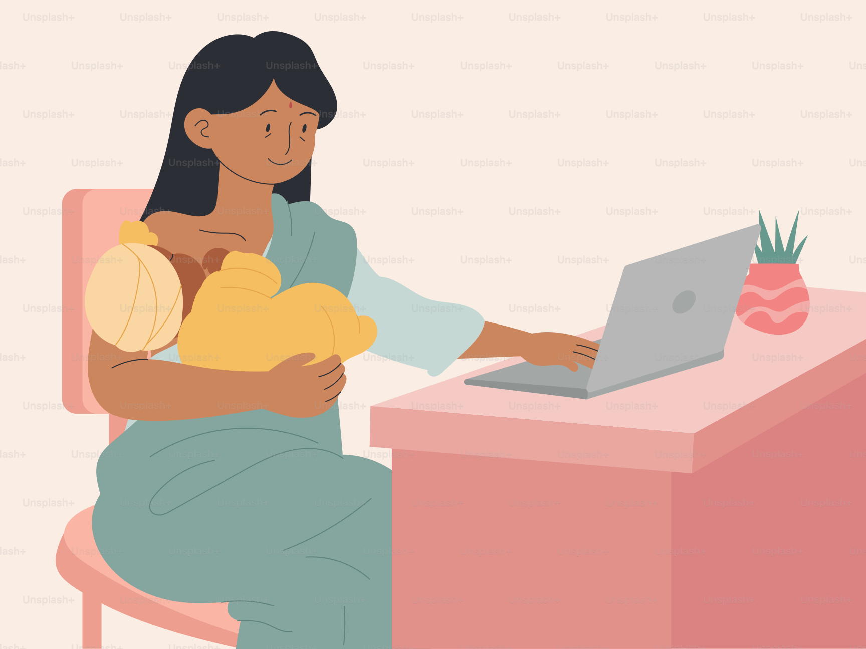 Woman breastfeeding baby while working on laptop