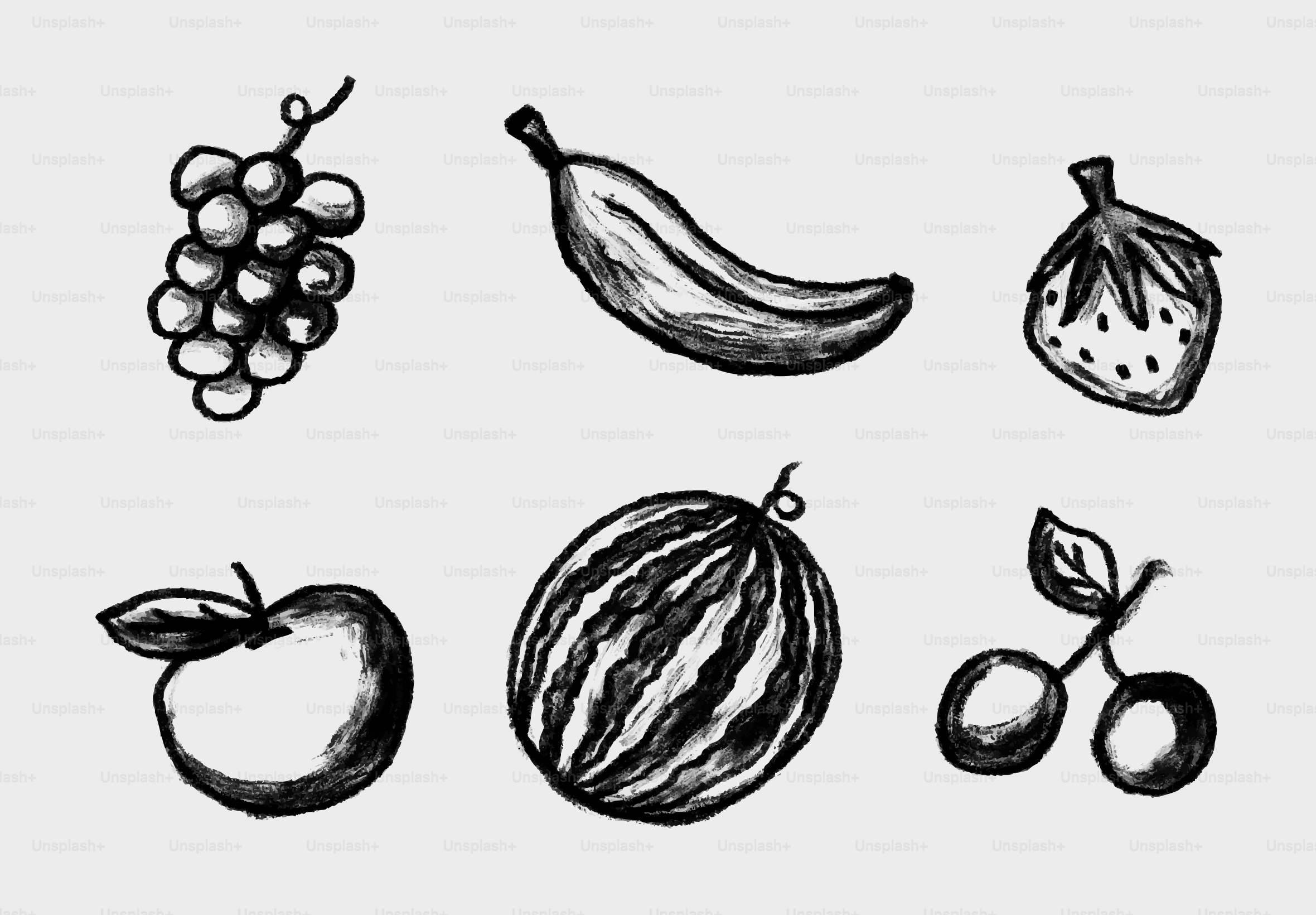 Assortment of hand-drawn fruits including grapes, banana, and watermelon.