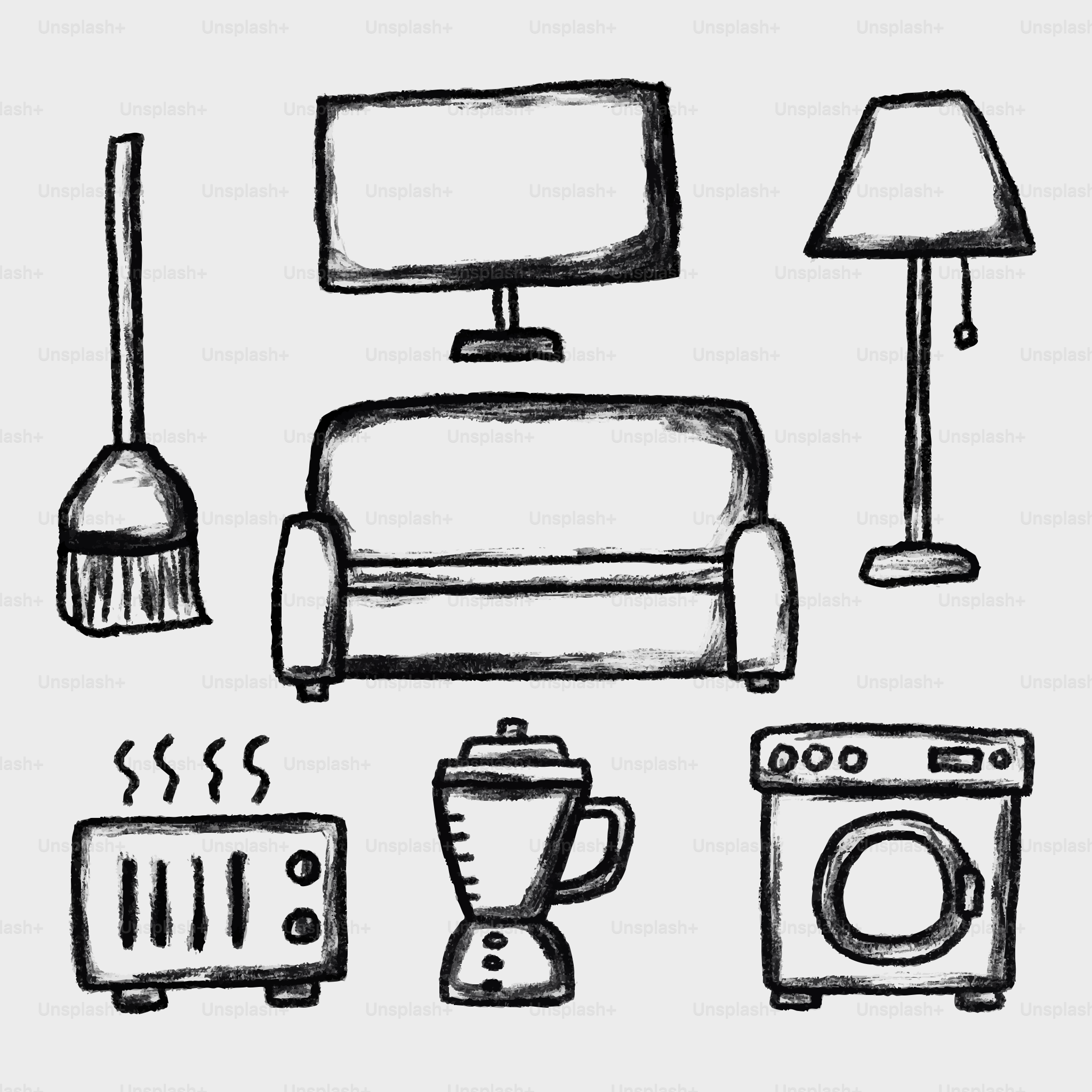 Divers objets ménagers dessinés en croquis.