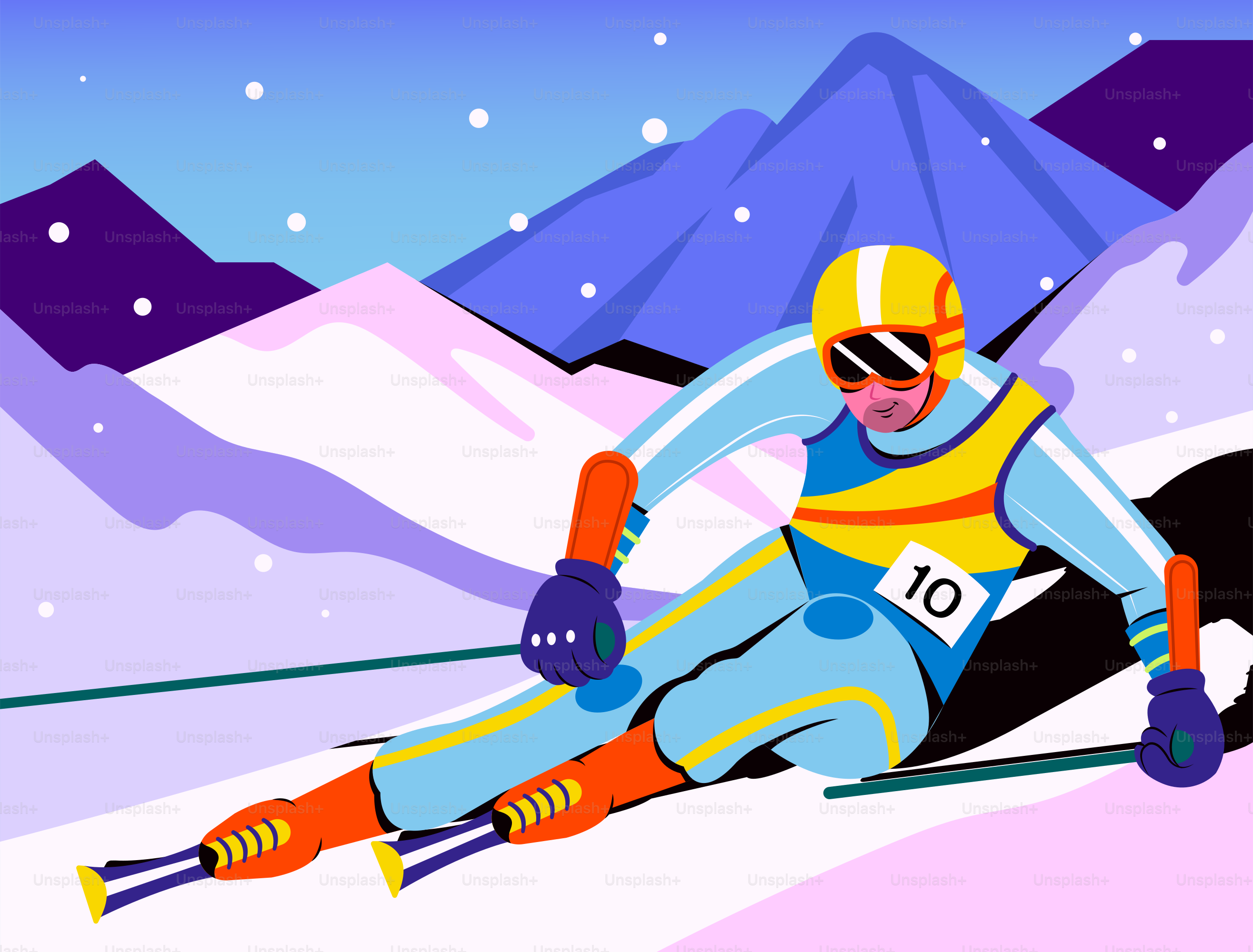 A skier races down a snowy mountain slope.