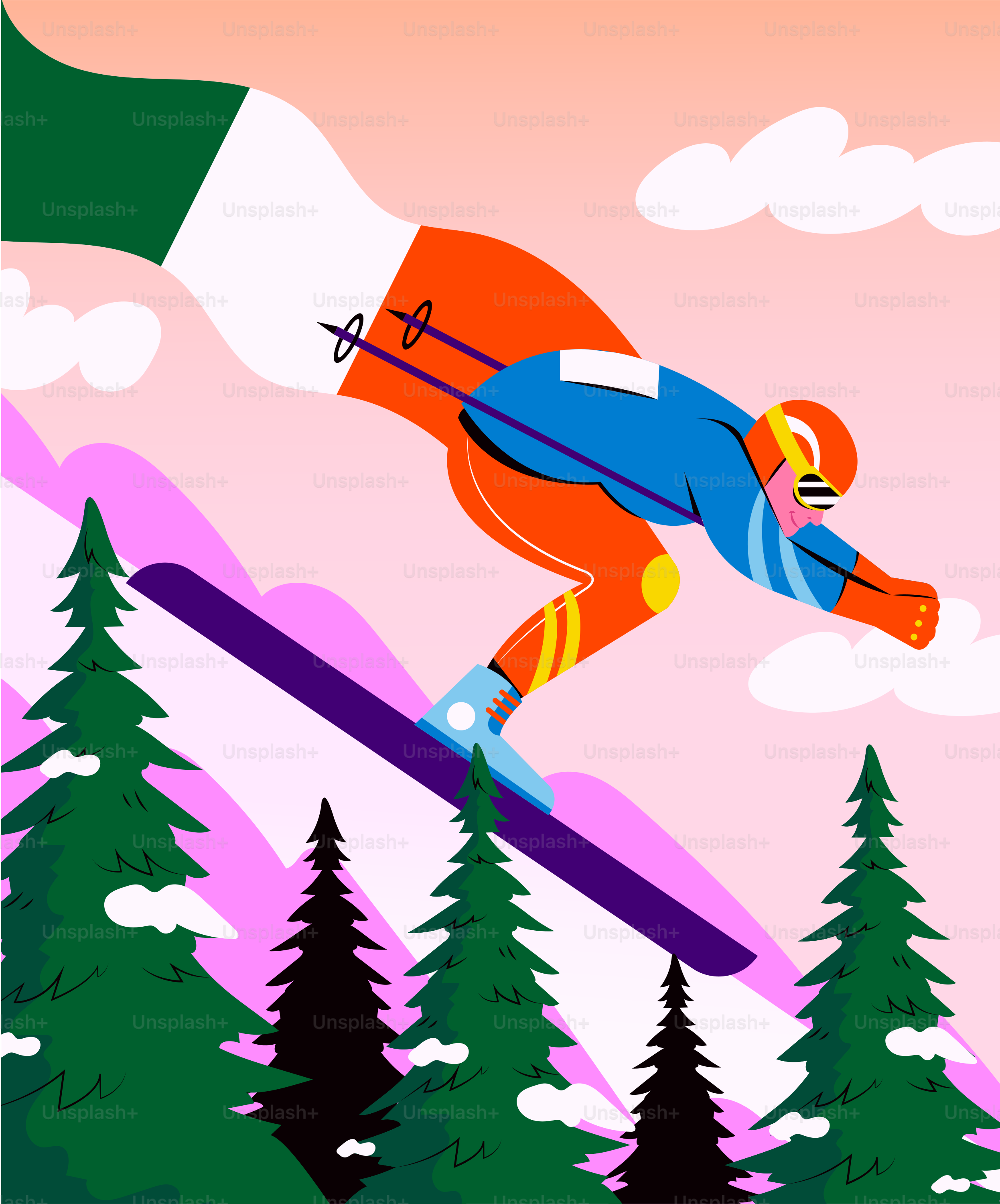 Skier in mid-air with colorful outfit and abstract background