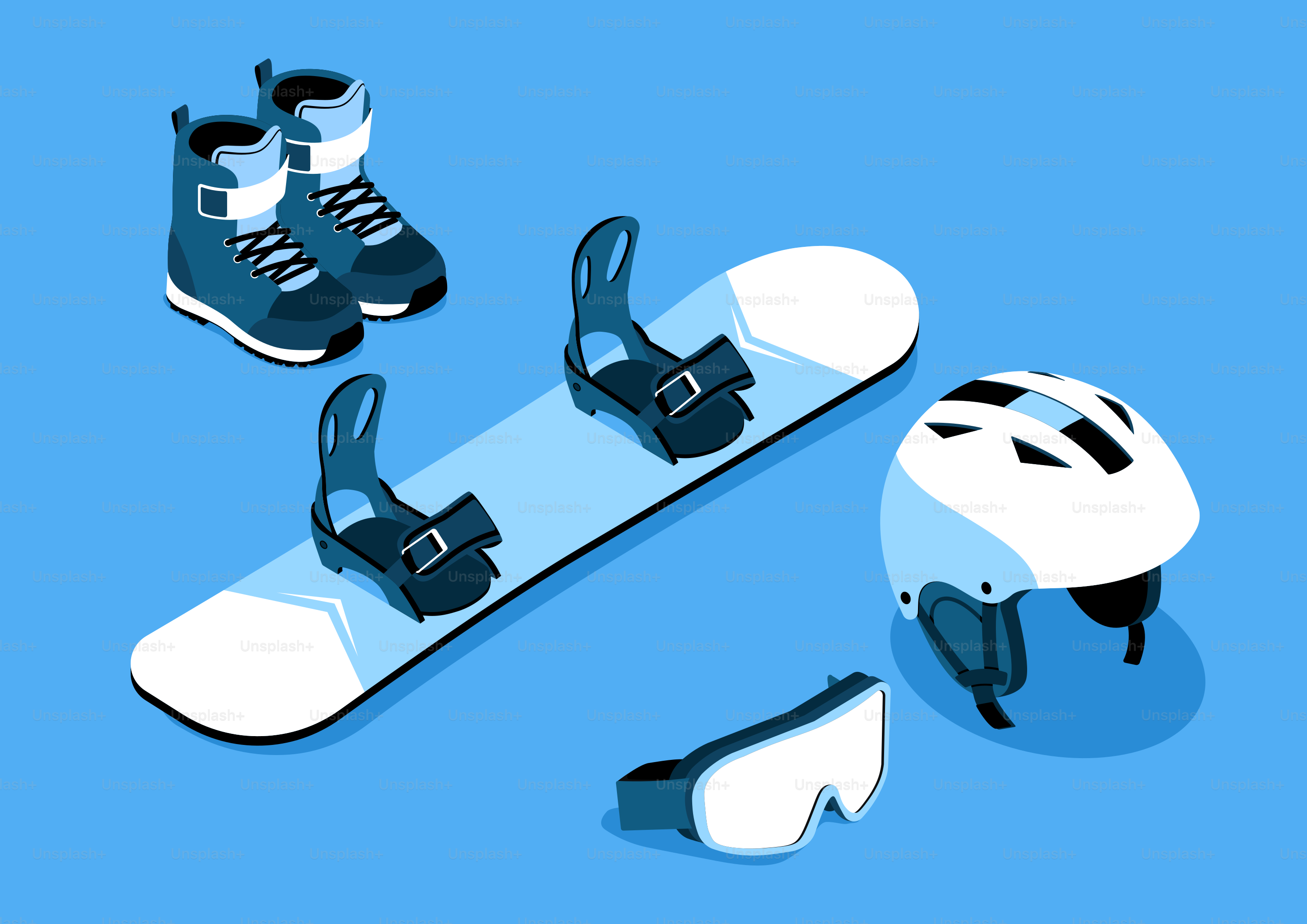 Snowboard, boots, helmet, and goggles on blue background