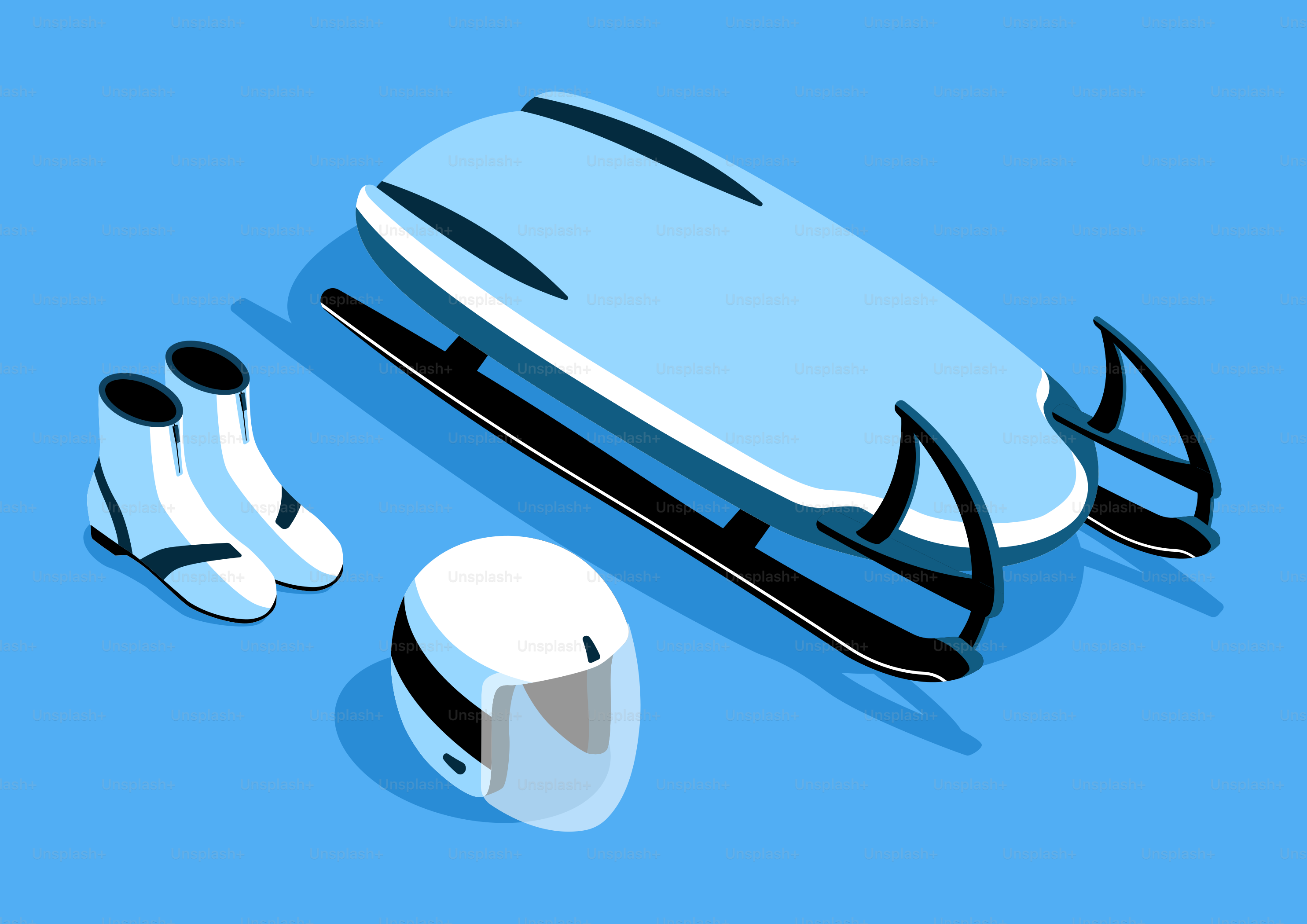 Bobsled, helmet, and boots on blue background