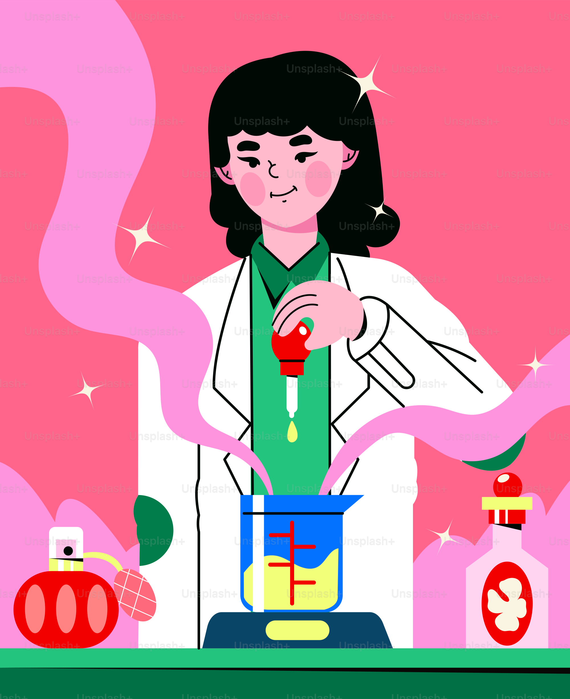 Scientist in lab coat mixing liquids in beaker