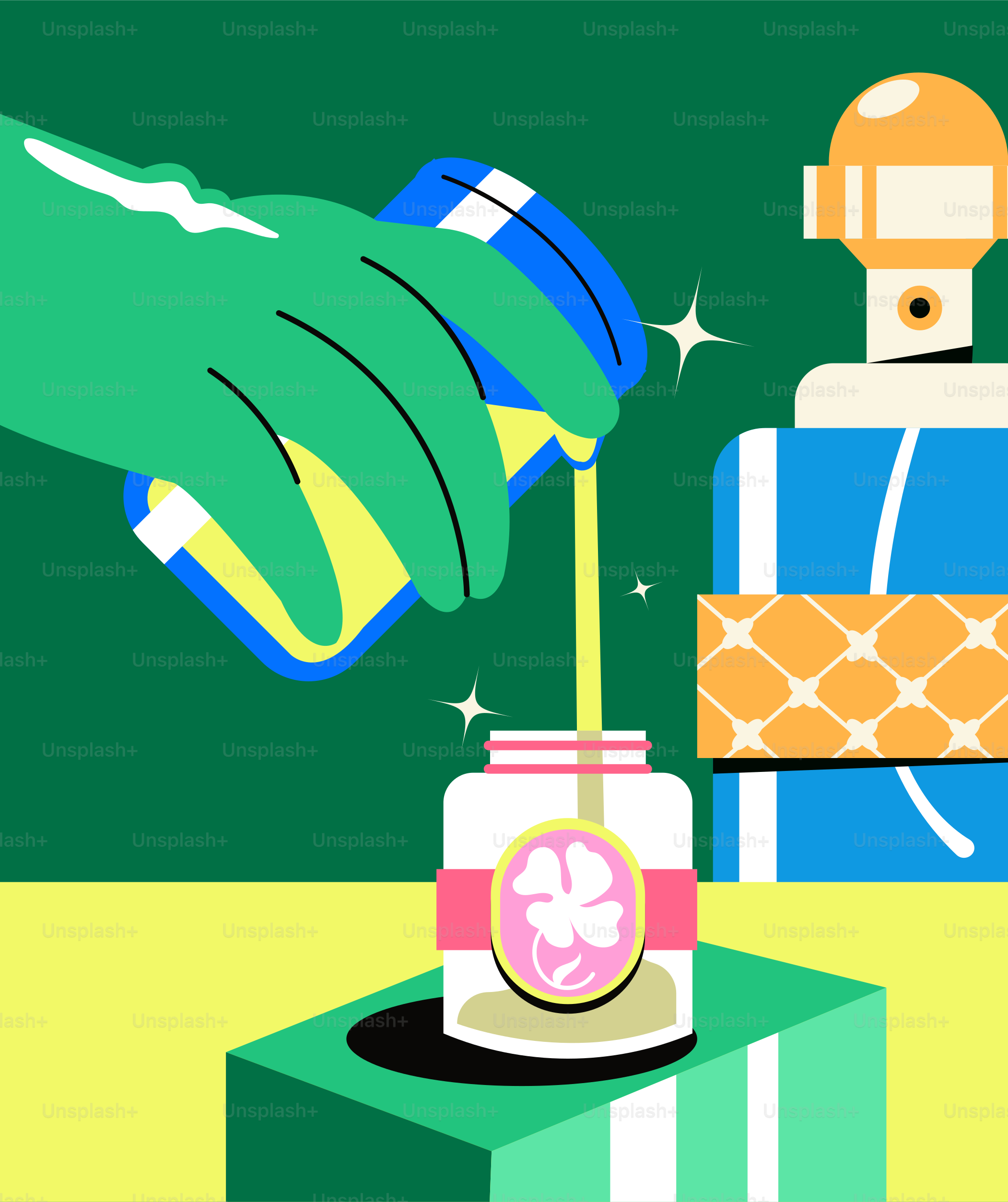 Mão enluvada verde despeja líquido amarelo no pote