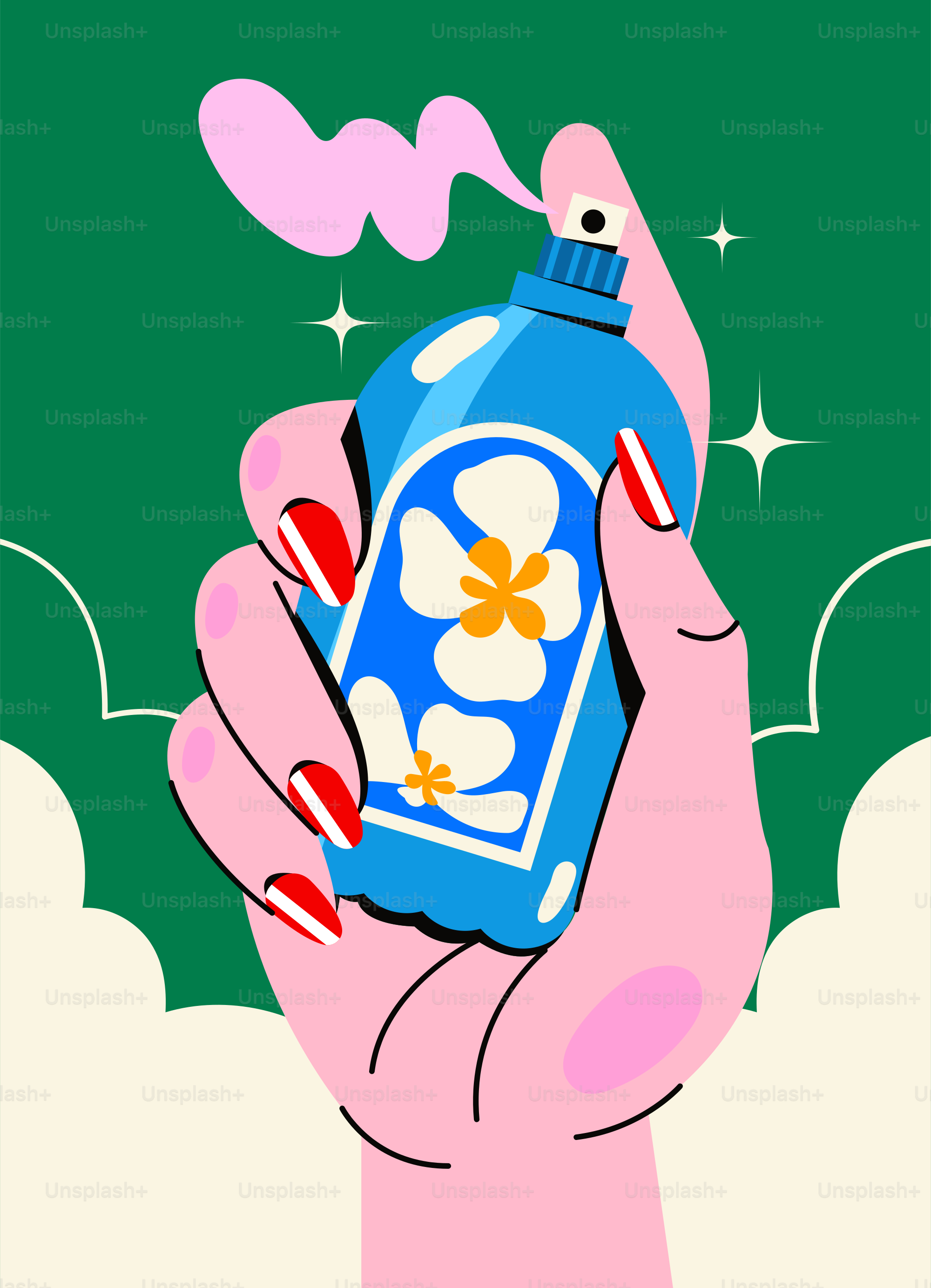 Hand holding a blue spray bottle with flowers.