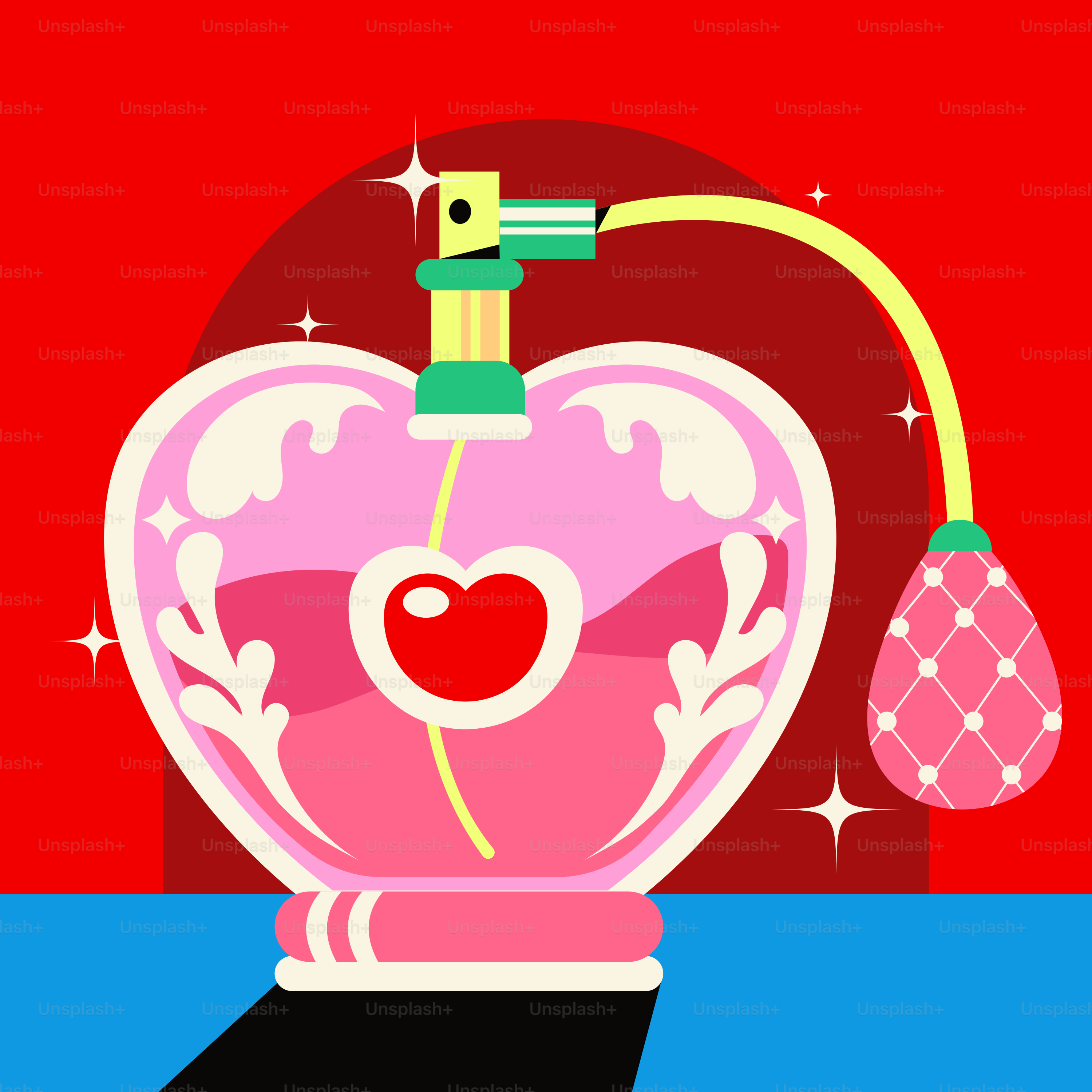 A heart-shaped perfume bottle with pink liquid and cherry