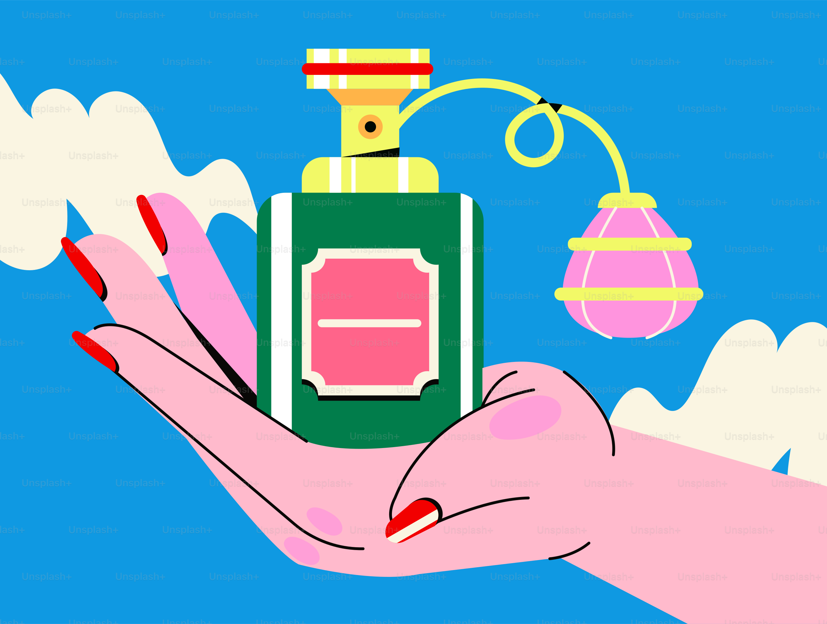 Mão segurando um frasco de perfume vintage contra o céu azul.