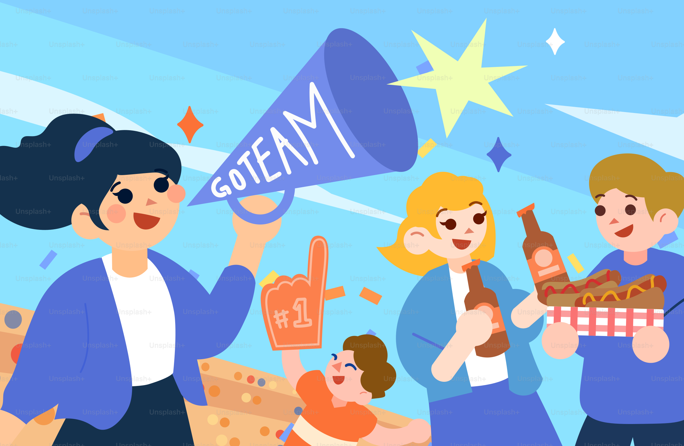 People cheering with drinks and snacks at a game.