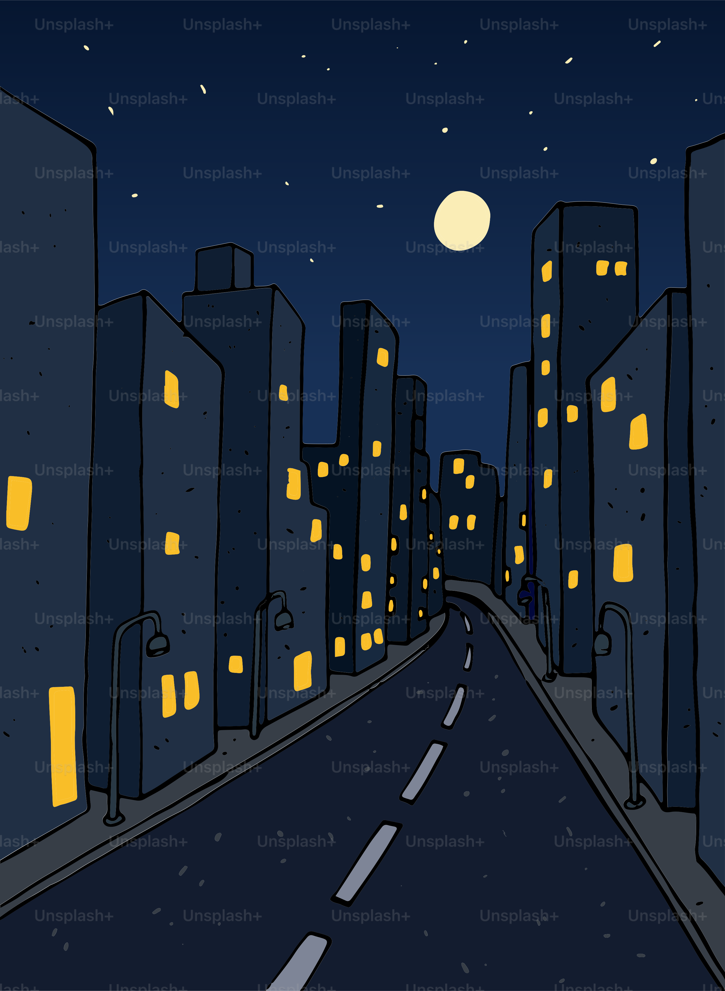 Dark city street at night with glowing windows