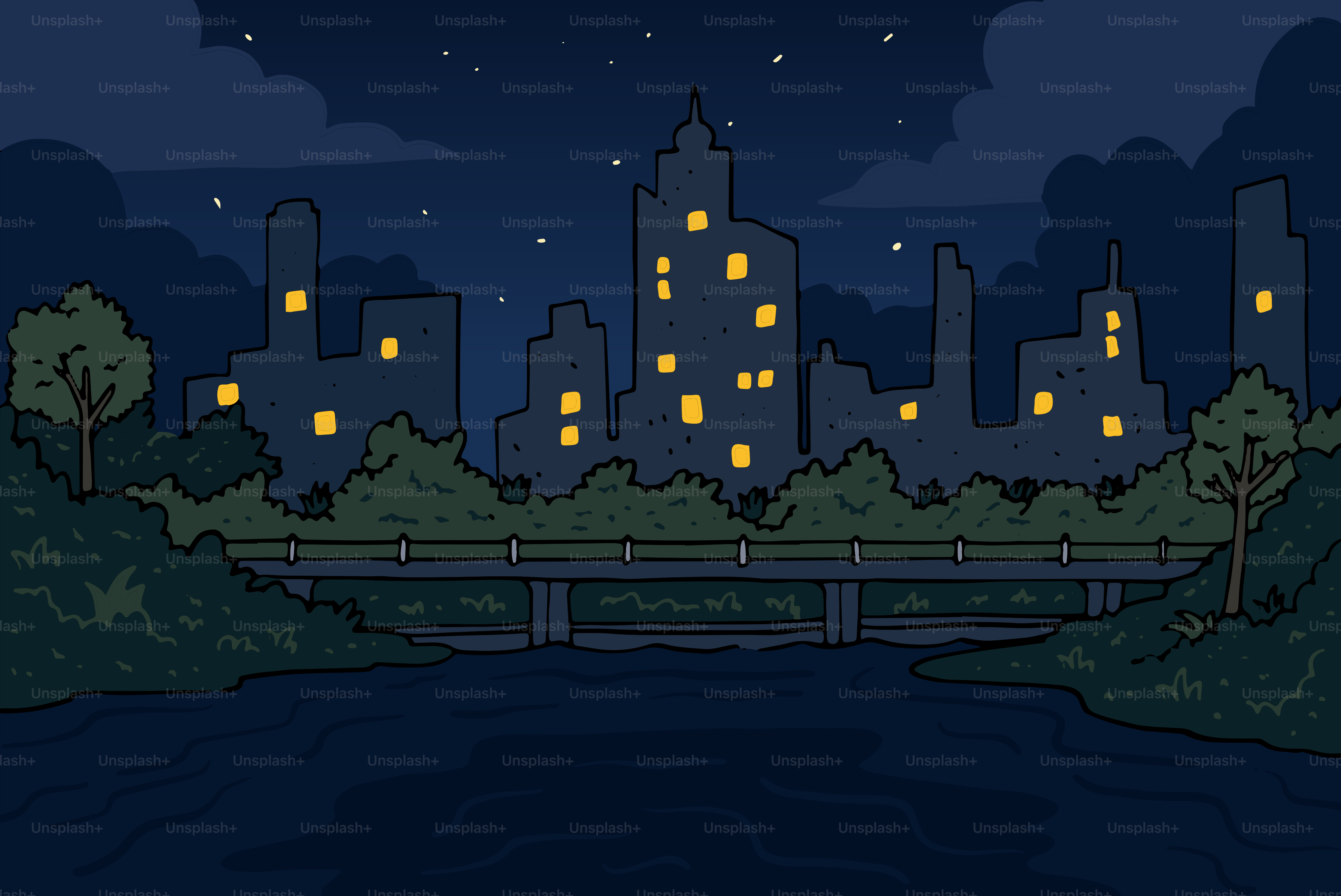 City skyline at night with illuminated windows